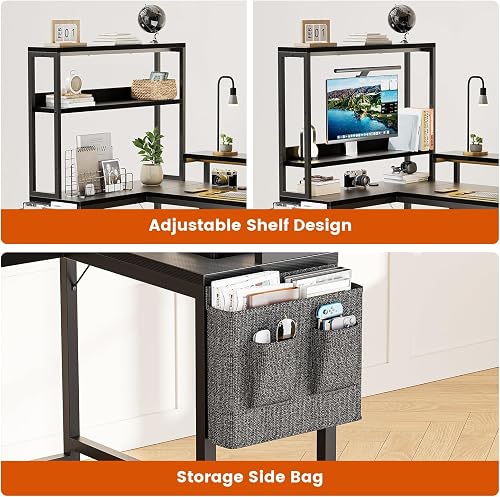 Mossora 195 x 110cm L Shaped Desk with File Drawers and Reversible Storage Shelves, Home Office Desks, Computer Desk with Power Outlet & LED Strip, Corner Gaming Desk for Bedroom, Carbon Fiber Black - 6