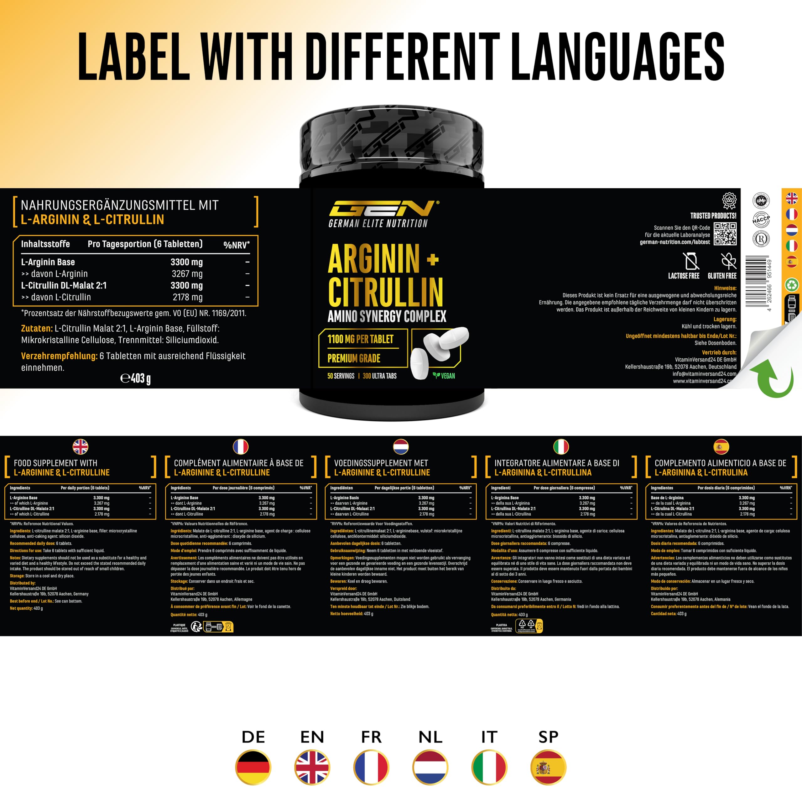 GEN GERMAN ELITE NUTRITION L-Arginin + L-Citrullin Ultra Tabs 300 Tabletten | 1100 mg, 6600 mg Tagesportion, Arginin Base, Citrullin Malat 2:1, vegan