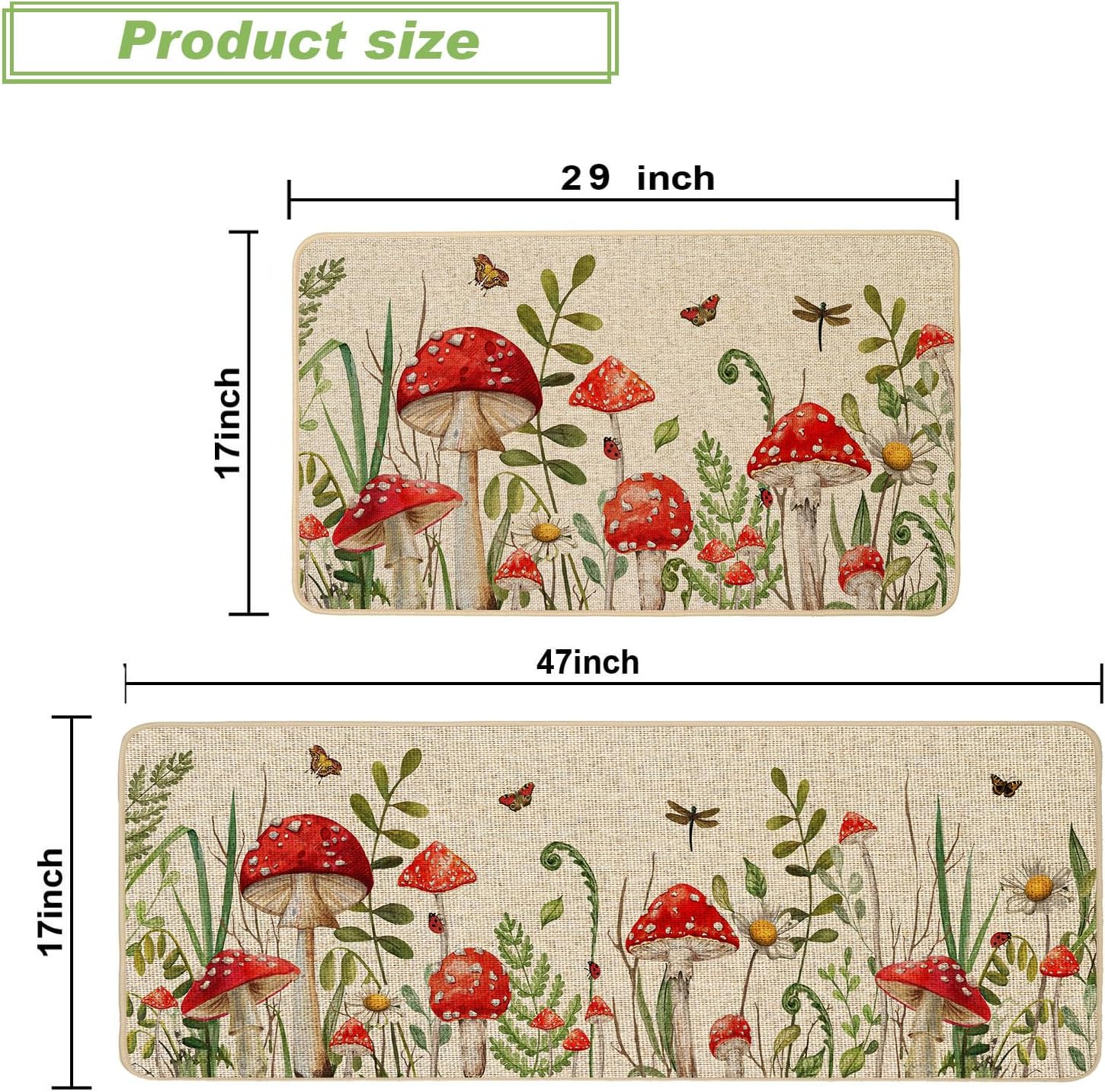 Baccessor Spring Summer Kitchen Rugs Set of 2, Mushrooms Daisy Kitchen Mats for Floor Low-Profile Seasonal Holiday Home Decor 17x29 and 17x47 Inch