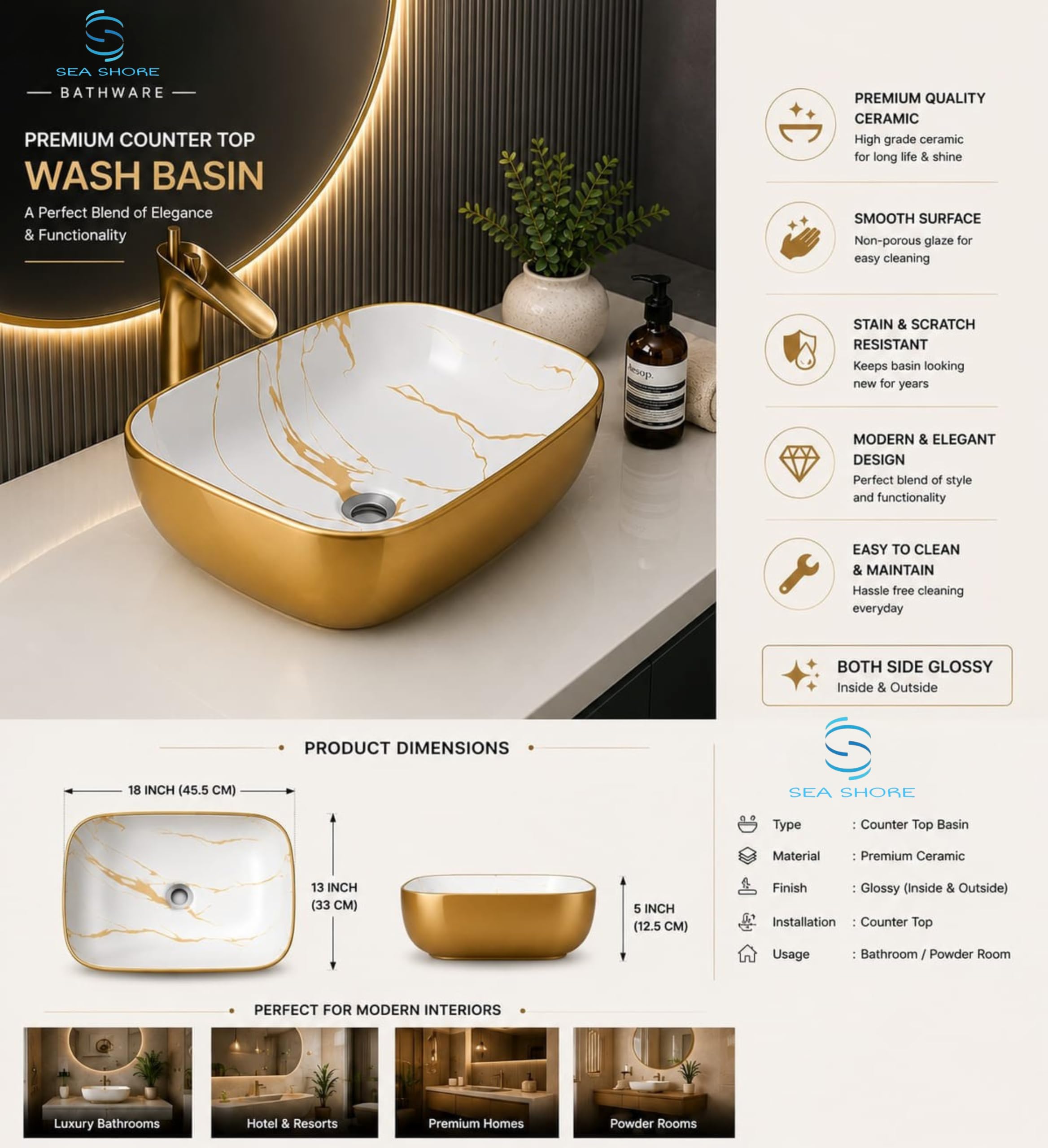Gold & White Vessel Sink - Modern Bathroom Sink -8