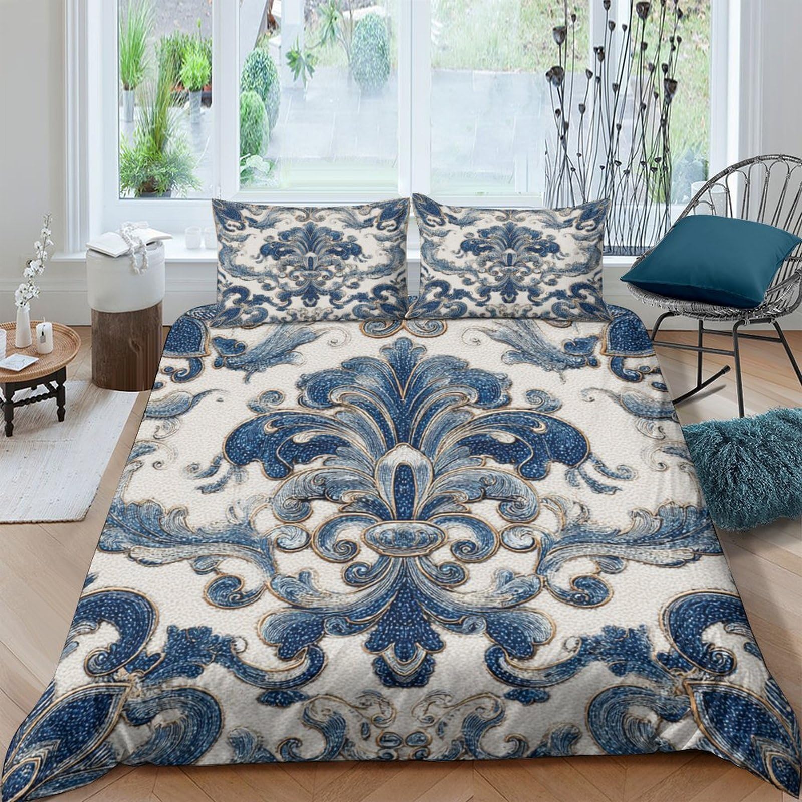 Ctjqhvkz Style-4 3D Printed Baroque Blue Fitted Sheet Microfiber Soft Breathable Vintage Damask Bed Cover For Bedroom Decor Single（135X200cm）
