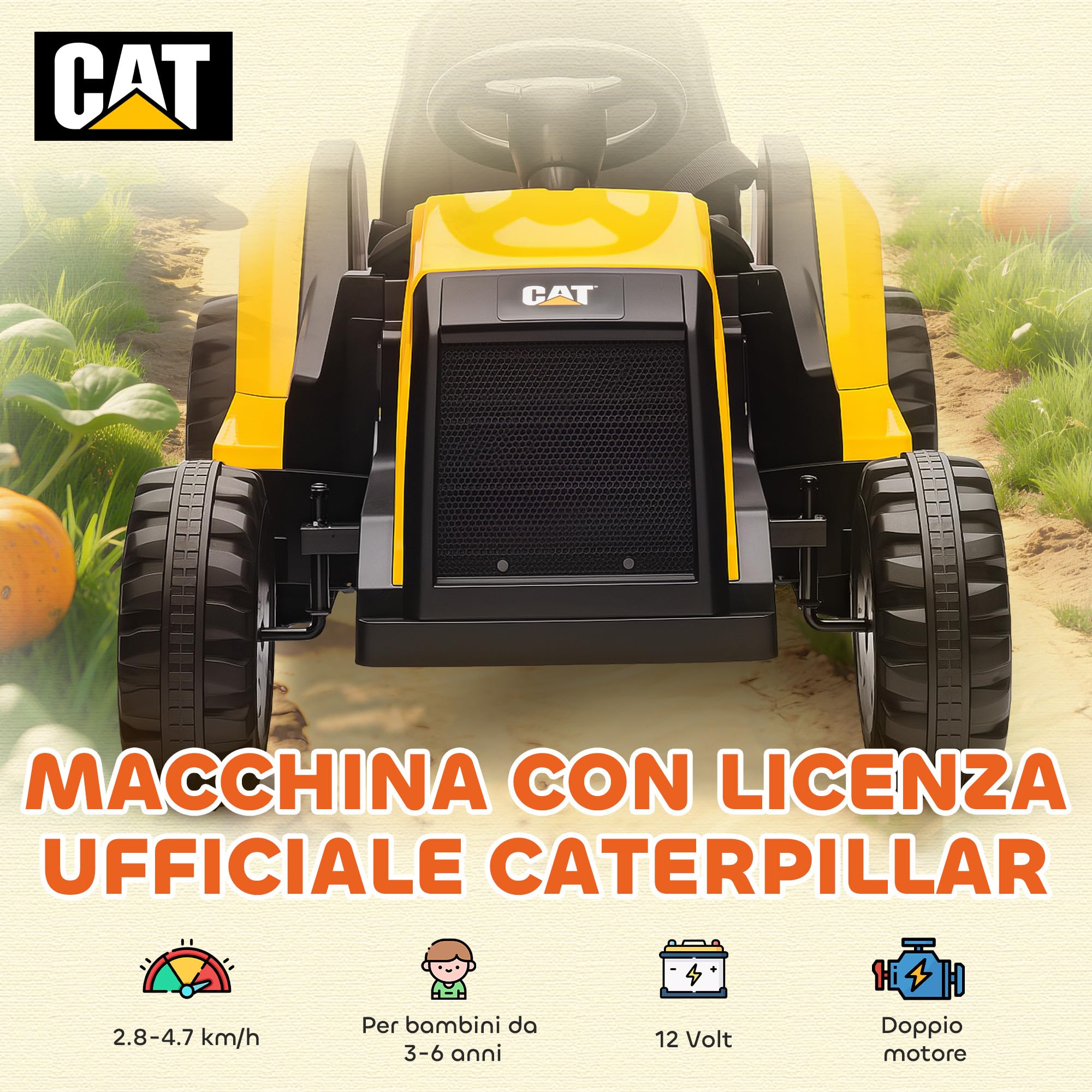 AIYAPLAY Trattore Elettrica per Bambini 3-6 Anni Licenza CAT, 12V Macchina Elettrica Escavatore Giocattolo Cavalcabile con 2 Motori, Sospensioni, Telecomando, Luci, Musica, USB e Bluetooth, Giallo