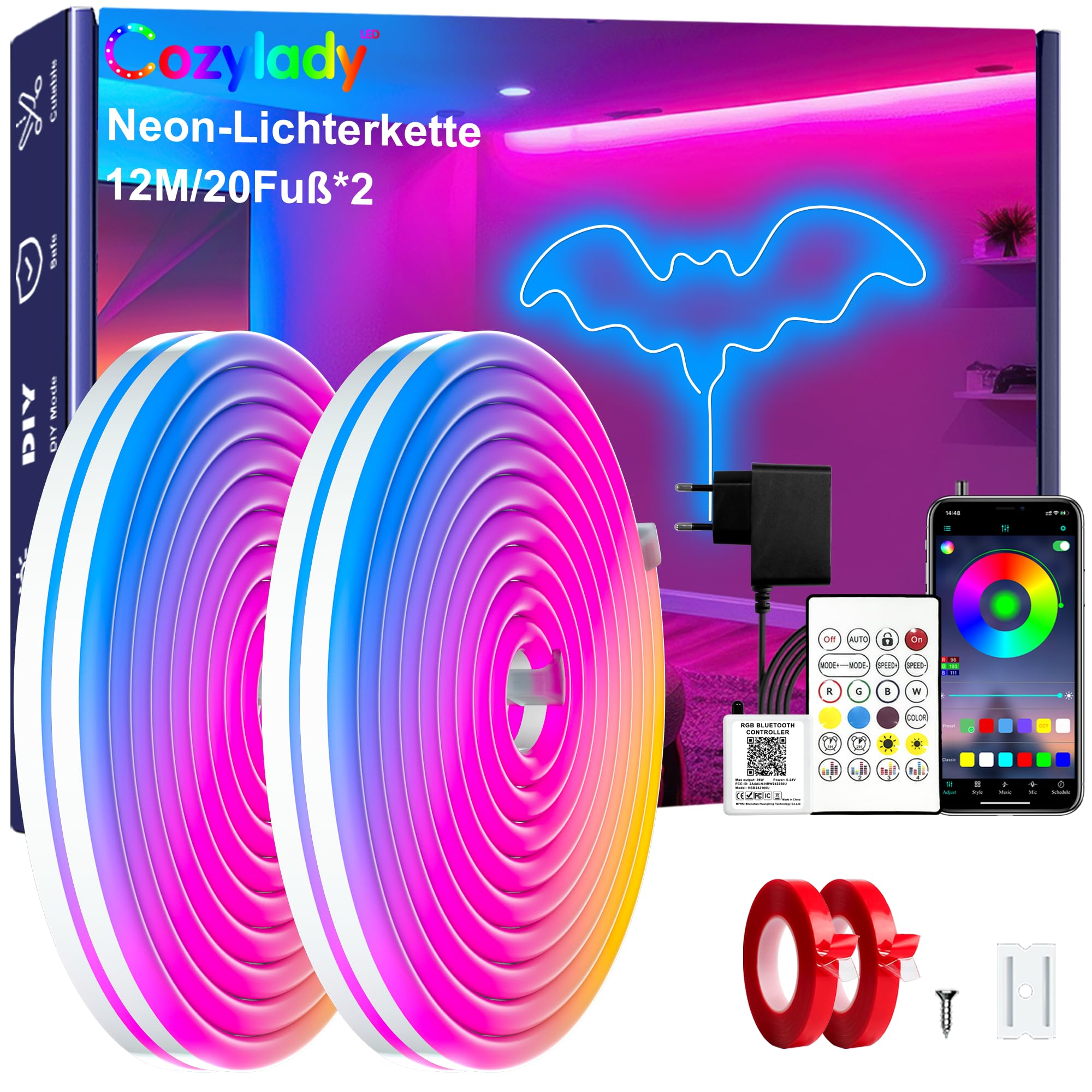 Cozylady Neon RGB LED Strip with Remote Control App Control Waterproof Flexible RGB Strip 24V Neon LED Strip for Bedroom Home Home Interior Decoration (12m/40