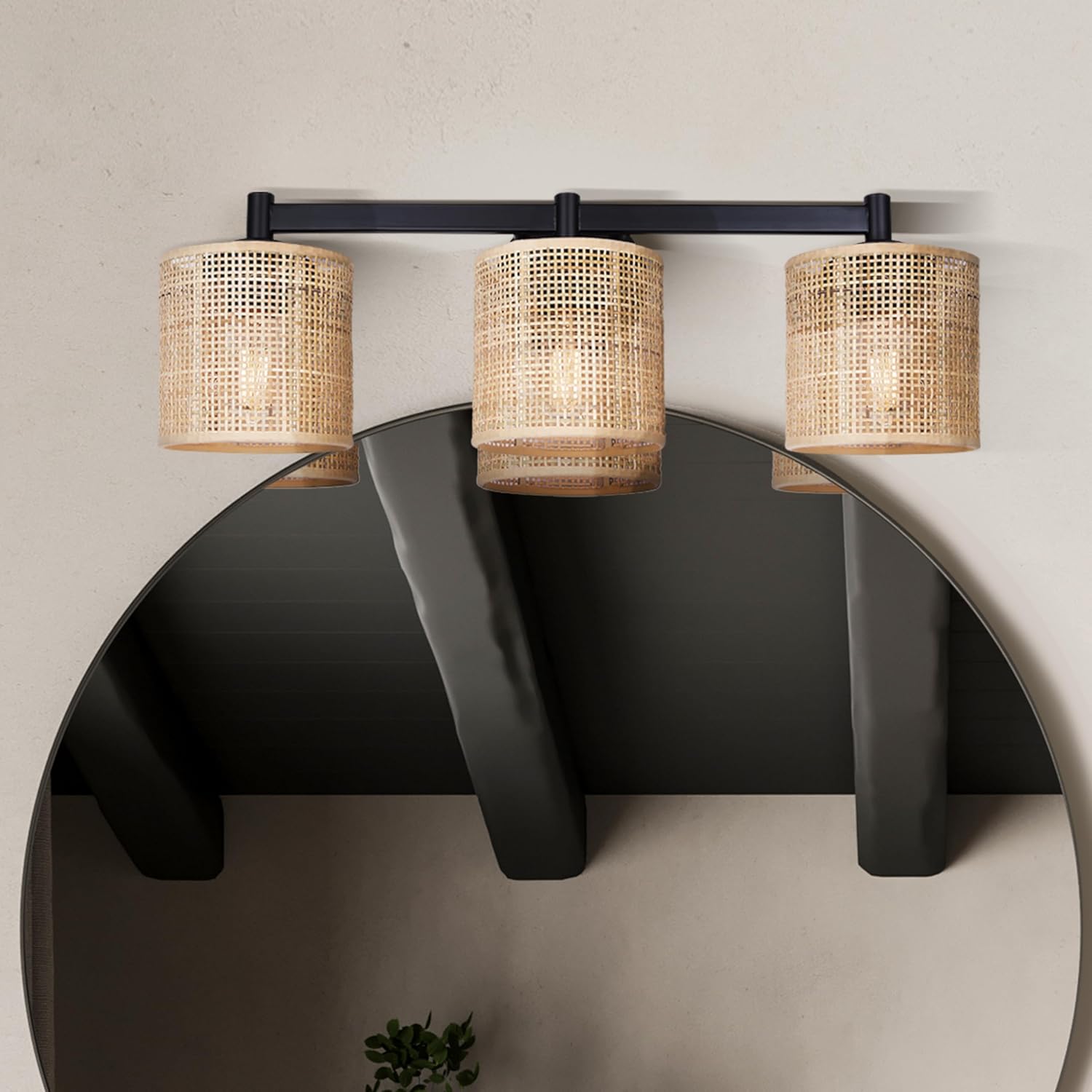 Palmside 3-Light Vanity Light – Modern Boho Coastal Vanity Fixture with Natural Rattan Shades, Black Finish, Easy Connect, Ideal for Bathrooms, Powder Rooms, Dressing Areas