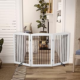 PUPETPO Freestanding Pet Gate for Dogs, Foldable Wooden Dog Gate for House Indoor, Tall Pet Fence for Stair, Doorway,Hall, Support Feet Included, 3 Panels 32,White