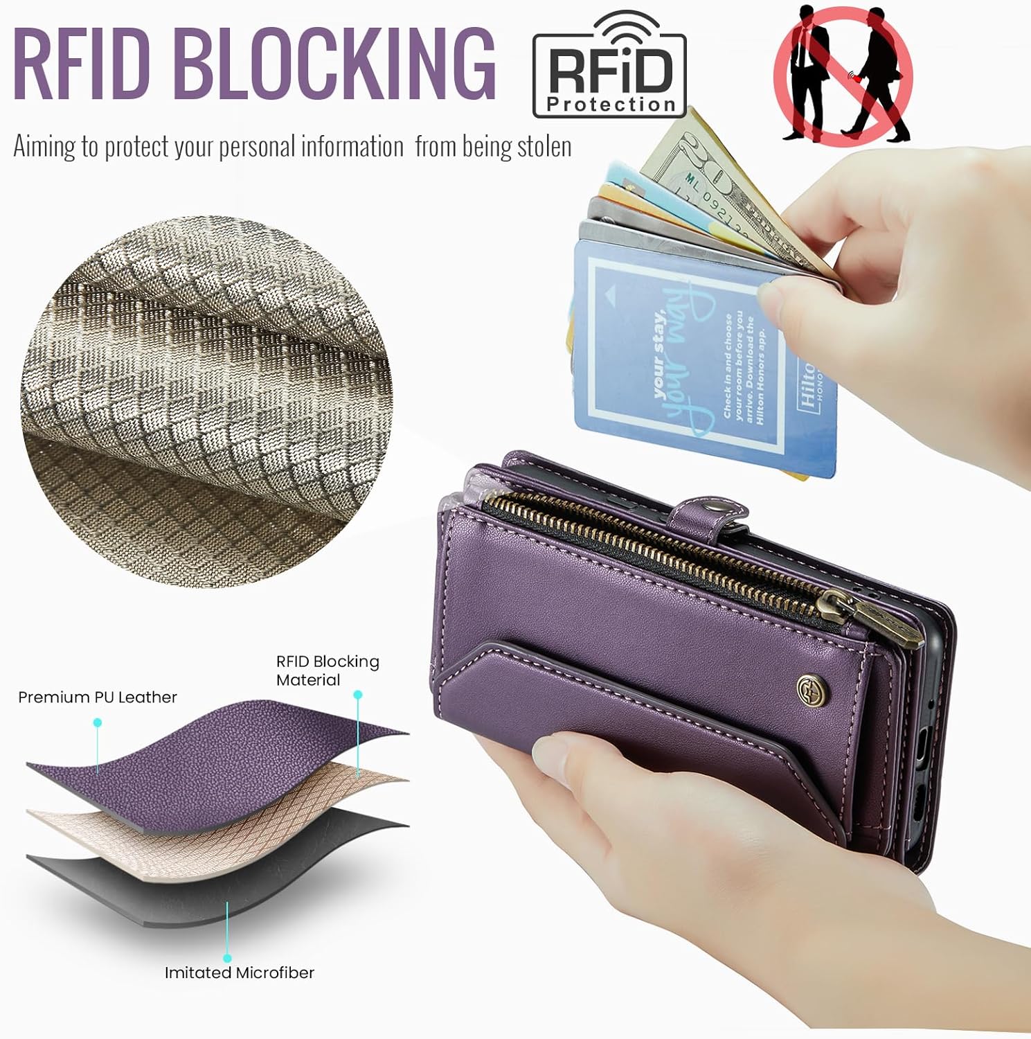 for Google Pixel 9/9 Pro Case, Multi-Function Wallet Case with Stand RFID Blocking Featuring Magnetic Closure Zipper Includes Shoulder Strap Wrist Strap (Purple, Google Pixel 9/9 Pro)