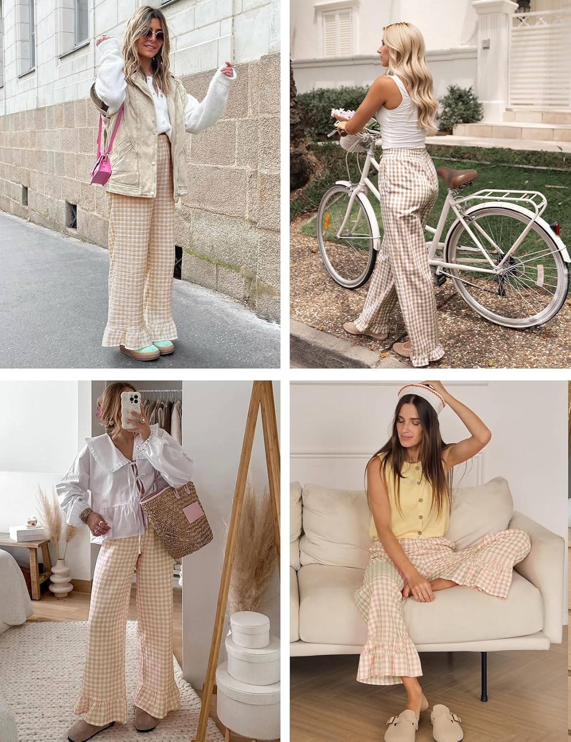 Flygo Women's Gingham Pants Y2K Cotton Wide Leg Ruffle Hem Lounge Pants Plaid Elastic Wasited Trouser with Pockets - Image 6