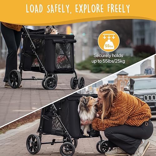 Miniatura 4 de Cochecito para mascotas de 4 ruedas para perros pequeñosmedianos, plegado con un botón, ventanas y persianas de malla ajustables, ruedas delanteras