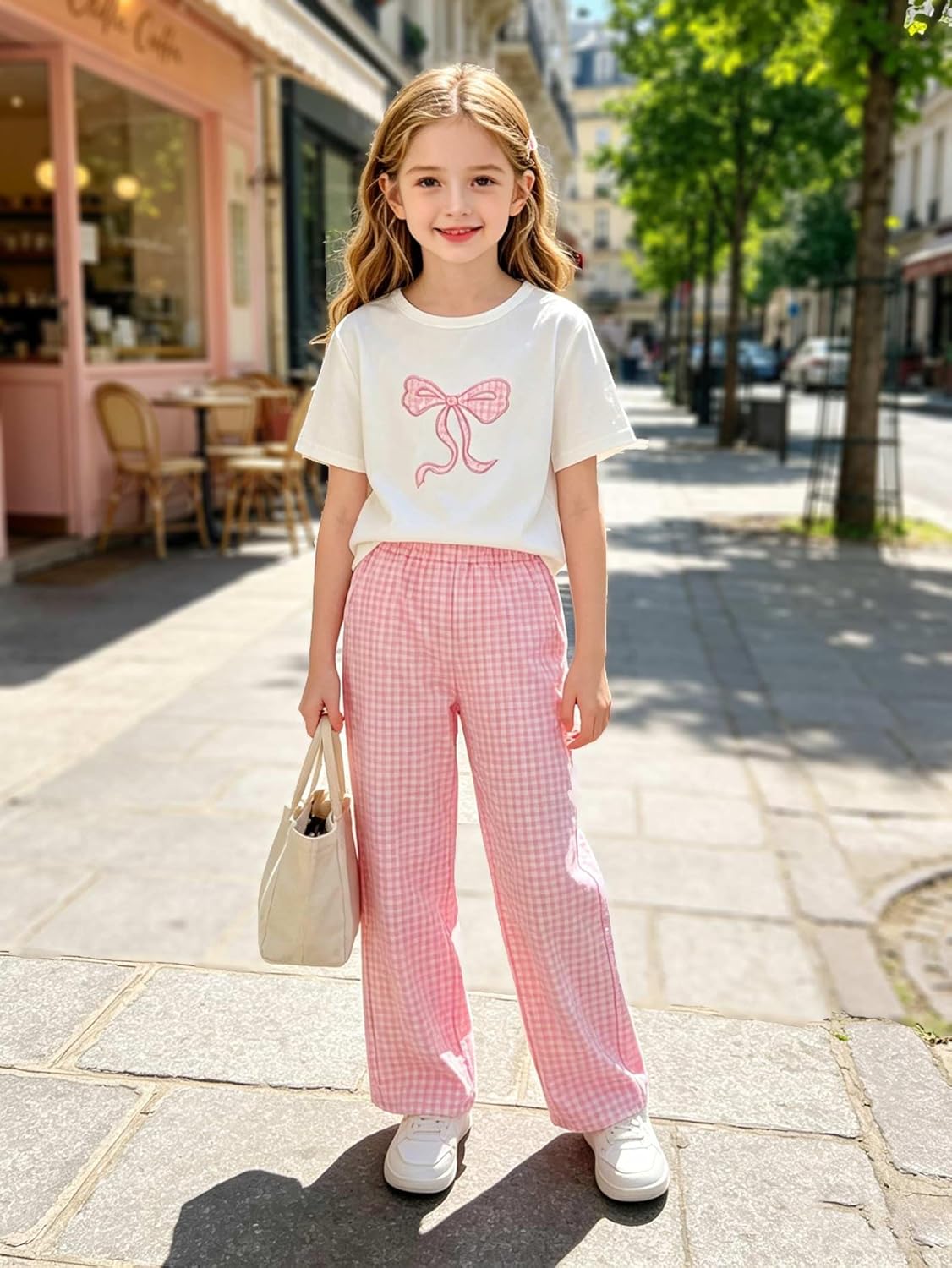 Conjunto de 2 peças para meninas, camiseta com estampa de laço e calça de perna larga guingão rosa para crianças de 8 a 12 anos