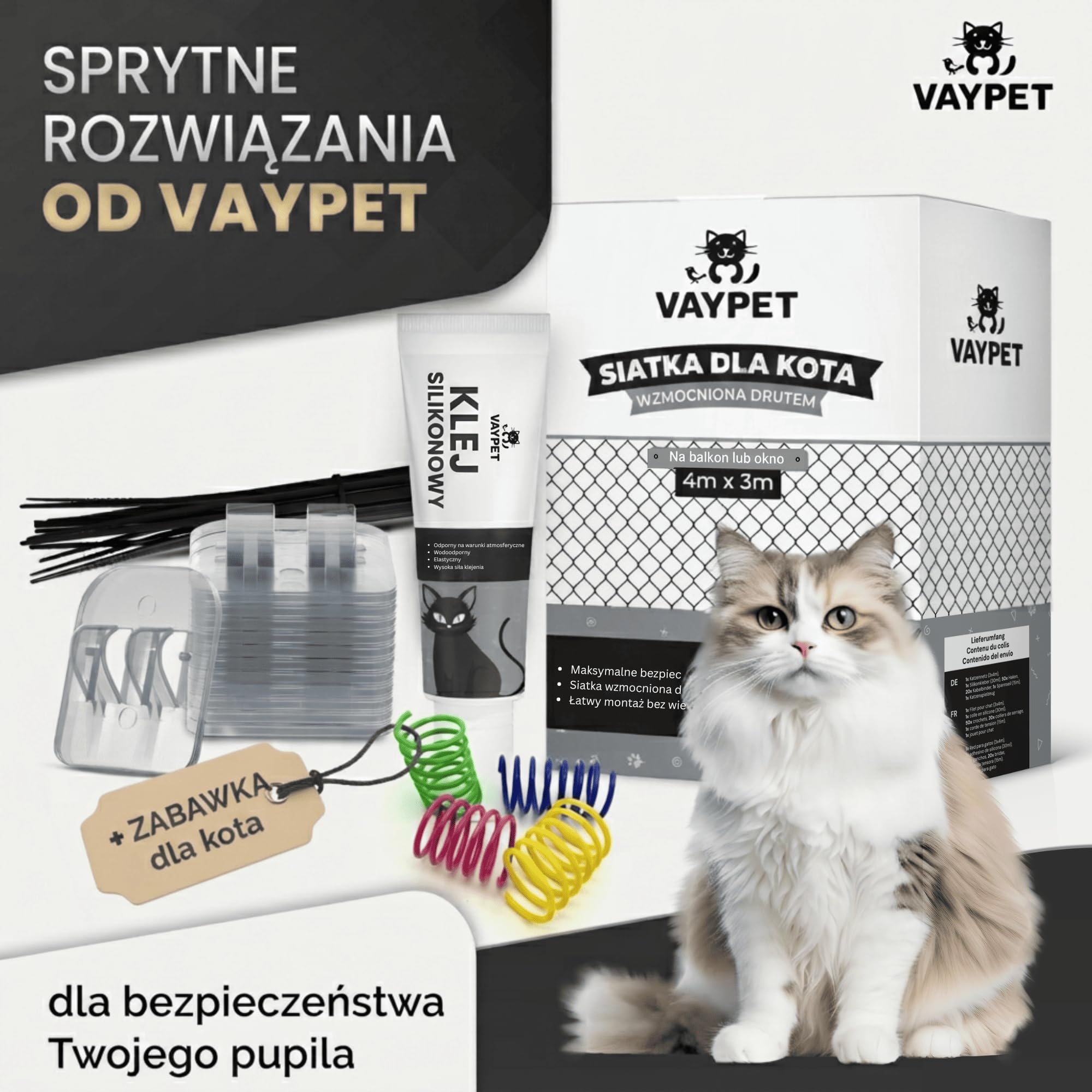 VAYPET® Siatka dla Kota na Balkon [4x3m] - bez Wiercenia, wzmocniona | W zestawie Haczyki + Klej Silikonowy | Siatka wzmocniona Drutem | Siatka Ochronna dla Kota na Balkon, Okno