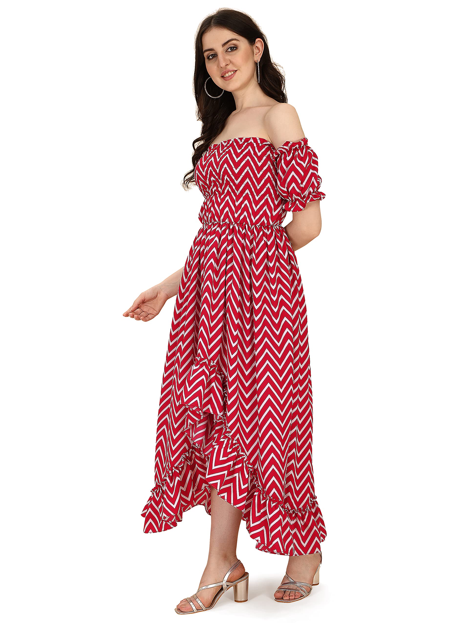 Oomph Flared Dress For Women Stylish | Long One Piece For Women | Off Shoulder Puff Sleeve Long Dress | Floral Print Maxi One Piece | Western & Fusion Wear Bohemian Style Maroon