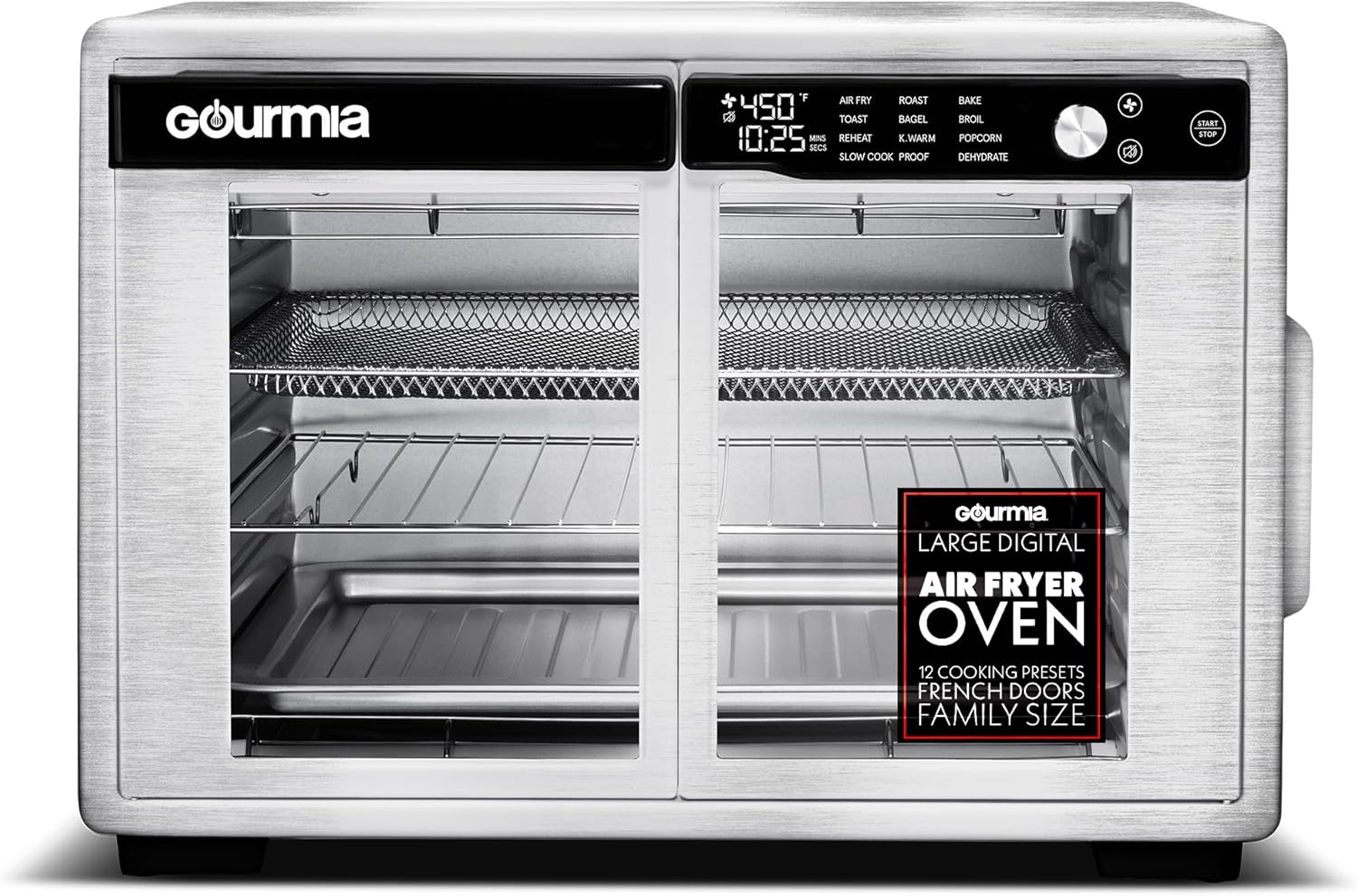 Gourmia French Door Digital Air Fryer Oven – XL 37QT Capacity, 12 Presets, FryForce 360° Tech, Dehydrate, Proof, Slow Cook, Fits 13” Pizza, 1700W, Stainless Steel Gourmia French Door Digital Air Fryer Oven – XL 37QT Capacity, 12 Presets, FryForce 360° Tech, Dehydrate, Proof, Slow Cook, Fits 13” Pizza, 1700W, Stainless Steel