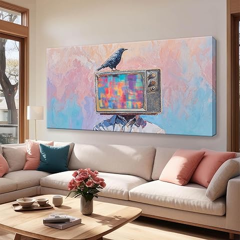 Large Wall Art For Living Room Decor Abstract Crow And Tv Head Art Prints Ready To Hang Room Wall Decor Canvas Wall Art For Office Bedroom Kitchen 29x58 Inch