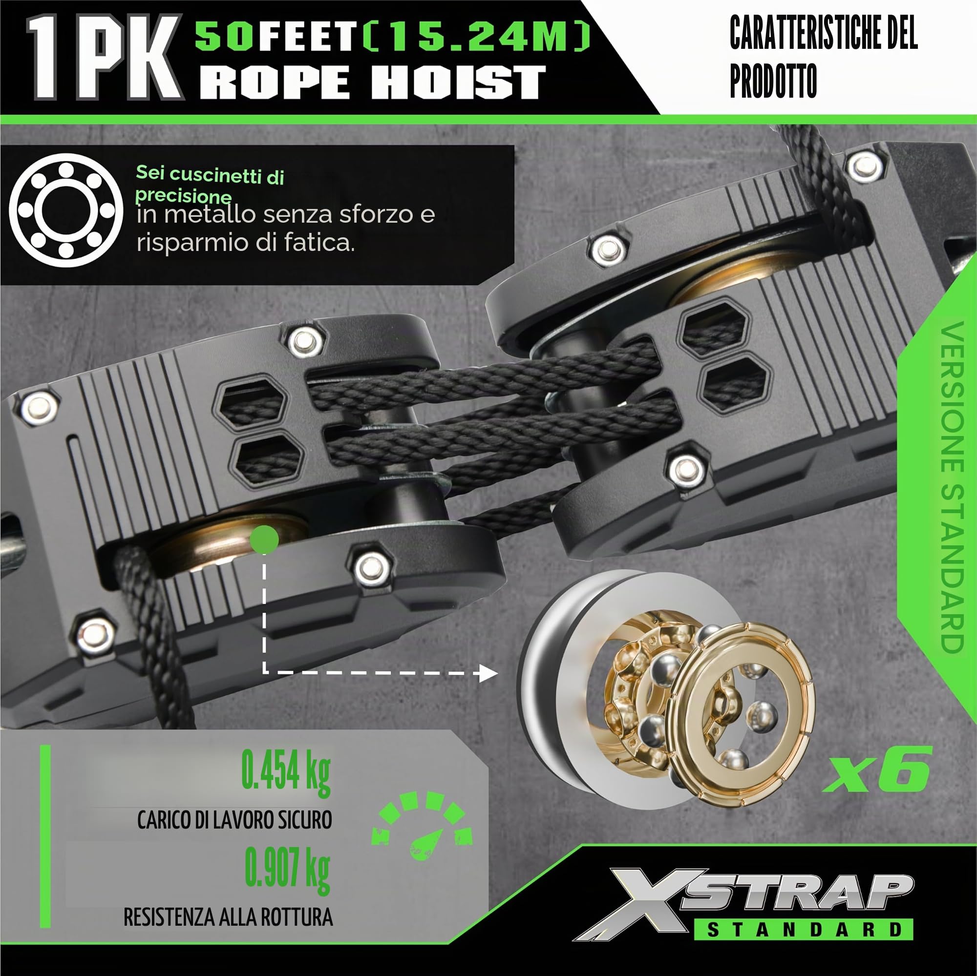 XSTRAP - Paranco a corda da 15,2 m, con sistema di puleggia per sollevare oggetti pesanti, resistenza alla rottura di 907,2 kg, con 2 anelli morbidi (nero)