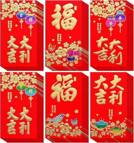 36 sobres rojos con diseño de conejo, año de la suerte, con elementos chinos, paquete rojo para Año Nuevo, Hong Bao, 6 estilos, 6.6 x 3.5 pulgadas,