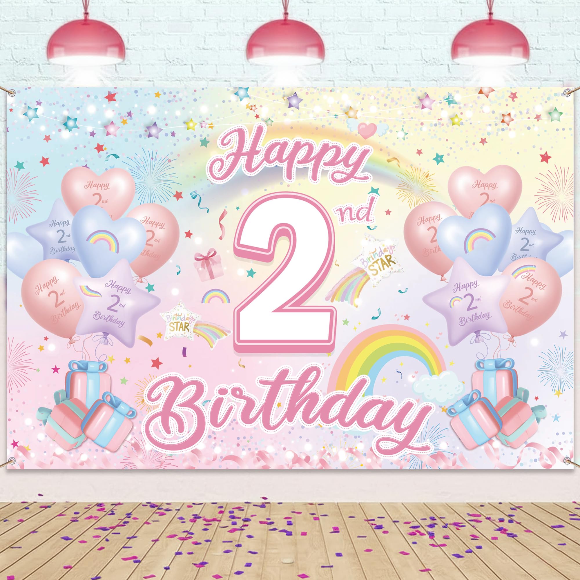 Happy 2nd Birthday Banner, Rainbow Backdrop Decorations for Girls Boys