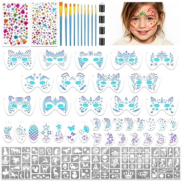 58PCS Face Paint Stencils Kit Includes 36 Reusable Facial Painting Stencils, 6 Sheets Tattoo Templates Stickers, 10 Brushes, 2 Pack Adhesive Gems, 4 Sponge for Halloween Festival Party Makeup