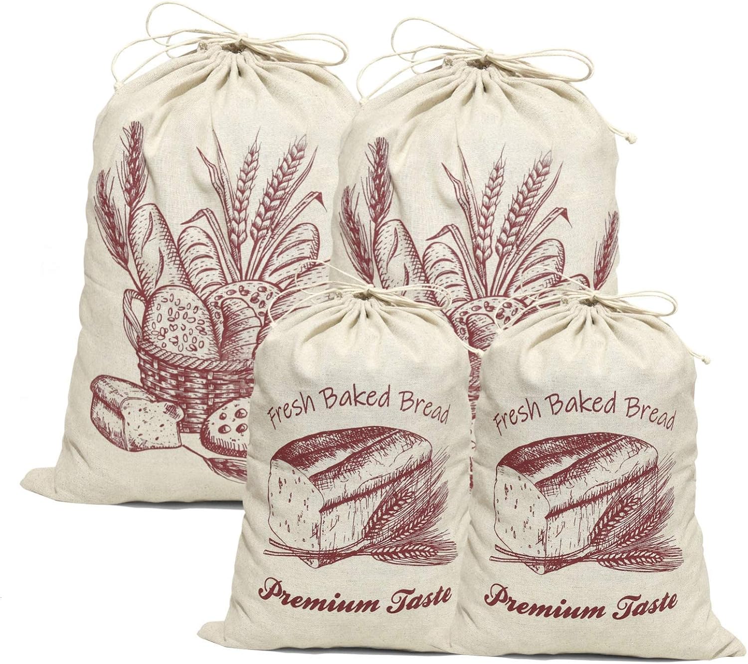 COYMOS Linen Bread Bags-4 Pack Pure Natural Unbleached Bread Bags, Large and Extra Large Bread Loaf Bags for Artisan Bread Storage, Flax Bread Bags, Reusable Drawstring Bags for Homemade Bread
