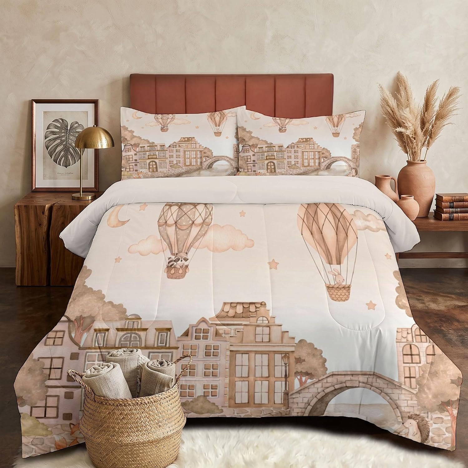 Retro Architecture Quilt Set Twin 3 Pieces, Light Brown Quilts Bedding Set Watercolor Hot Air Balloon Bedspread Bed Cover Lightweight Spring Summer Beds Coverlet for All Season - 68"X90"