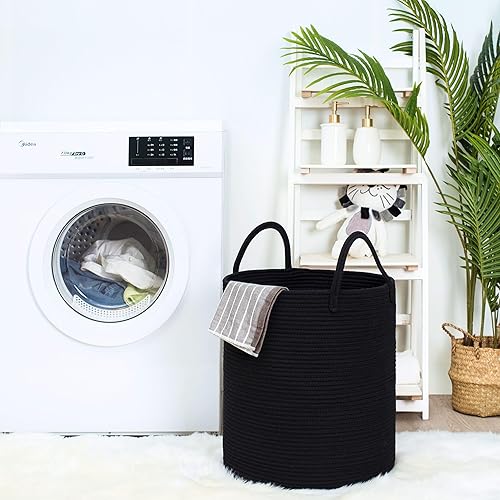 Miniatura 3 de MINTWOOD Design Cesta decorativa grande de cuerda de algodón tejida de 18 x 16 pulgadas, canasta alta para ropa sucia, canasta de manta para sala de