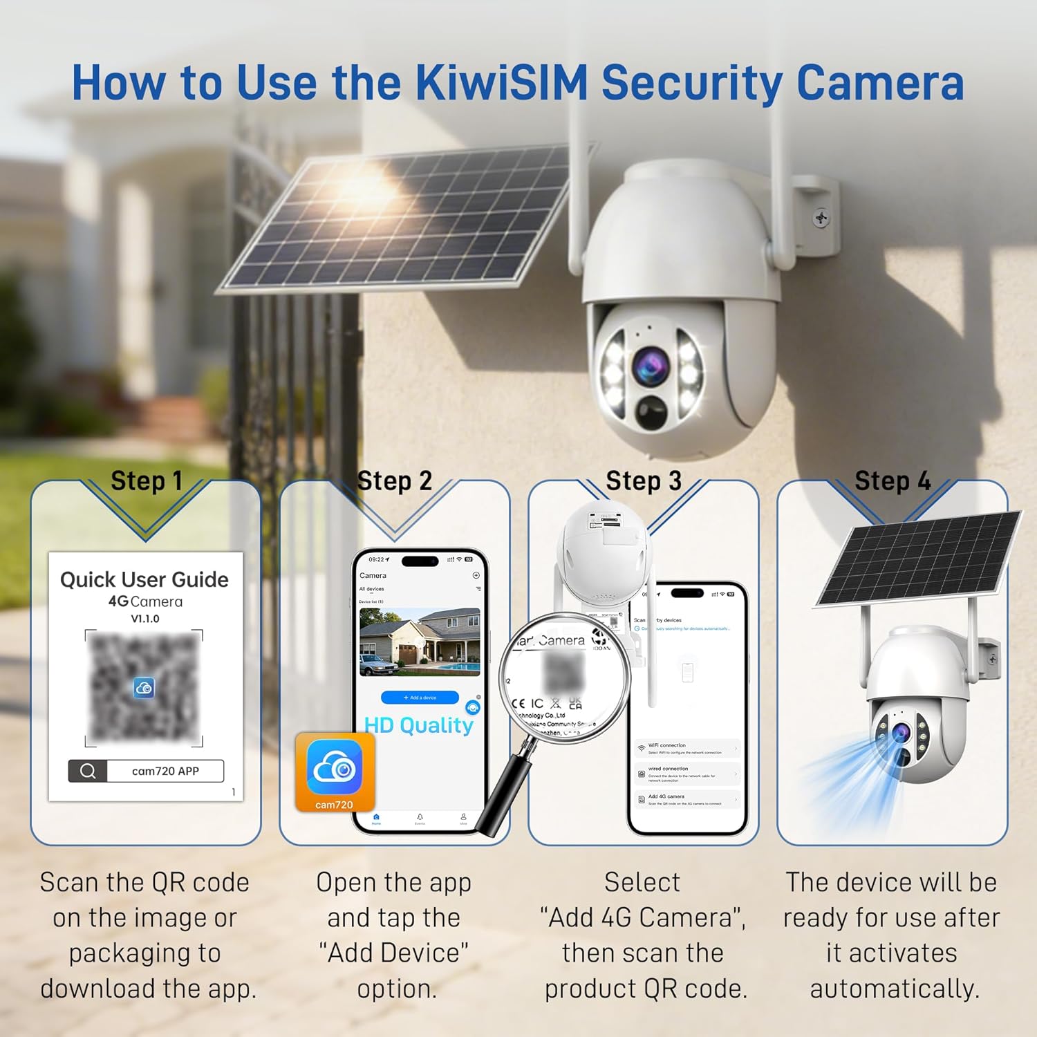 4G LTE 3K Security Cameras, Wireless Solar Powered Security Camera Outdoor, IP66, HD Color Night Vision, AI Triple Detection, 360° Auto Tracking, Smart Cameras for Home Securitym, No WiFi Required