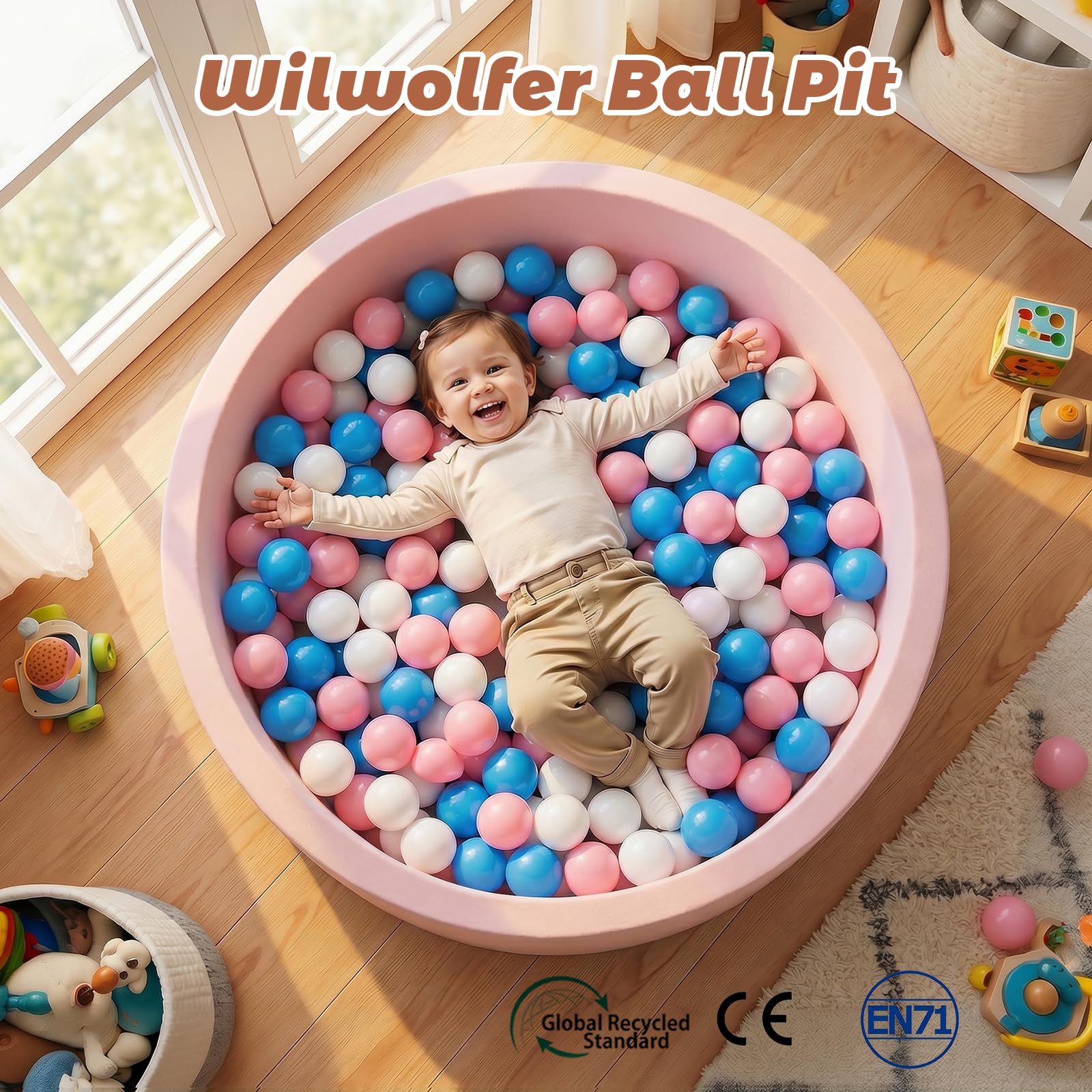 Wilwolfer Bagno per palline per bambini piccoli: piscina pieghevole per bambini – piscina rotonda morbida – morbida schiuma per palloni da gioco per bambini – morbida schiuma memory foam – interno
