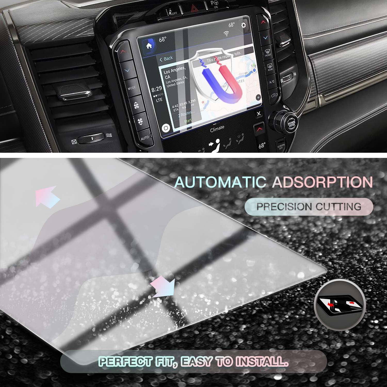 CDEFG Car Screen Protector Center Control Navigation Touch Screen Protector for 2019 2020 2021 Dodge RAM 1500 Big Horn/ Rebel/ Laramie Uconnect, Tempered Glass HD Scratch Resistance (for 2019 Dodge RAM 8.4 inch)