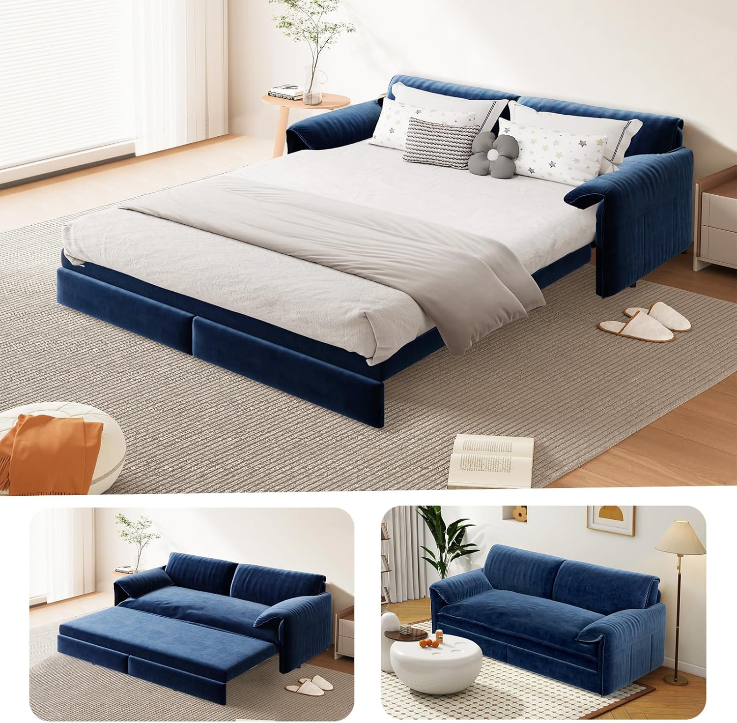 66-Inch Queen Size Convertible Sleeper Sofa Bed, 3-in-1 Pull-Out Futon Loveseat, Velvet Love Seat Couch with Side Pocket for Living Room, Office, Apartment, RV, Hide-A-Bed Fold Out Sofa&Couch 66 in Queen Sofa Cama Blue With Side Pockets
