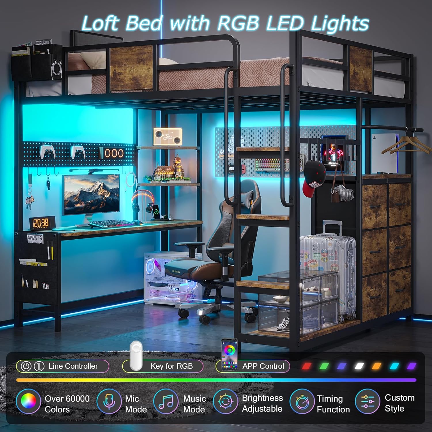 Loft Bed Full Size, Loft Bed with Desk, Bunk Bed with Desk, 6 Storage Drawers & 4 Open Shelves & 2 Storage Bags, LED Lights & Charging Station, Safety Guardrail, No Box Spring Needed, Brown