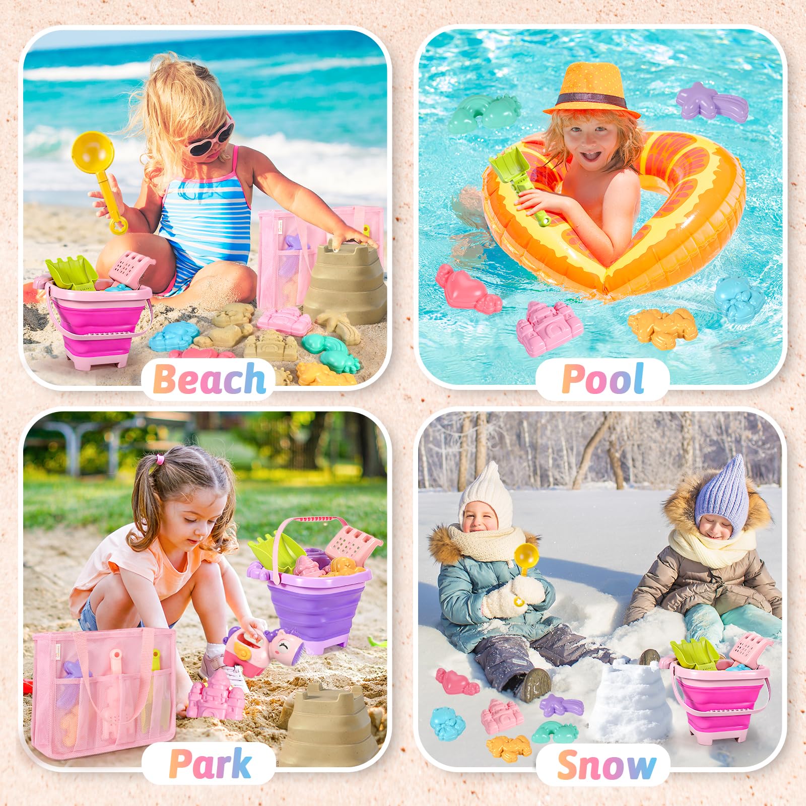 CatchCute - Faltbares Strandspielzeug, Einhorn-Spielzeug, 14-teiliges Sandspielzeug-Set mit faltbaren Tierwürfeln, Schaufeln, Sieb, Sandformen, Schloss-Bausatz und Tasche