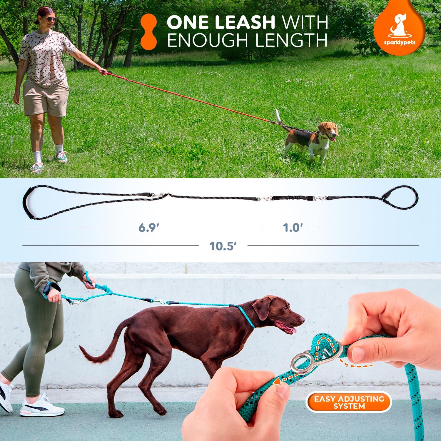 SparklyPets - Bungee Rope Handsfree Leash for 1 Dog - Demovable Slip Lead - Waist or Hip Belt Leash for Dog Walking, Running, Carnicross - Medium & Large Breeds