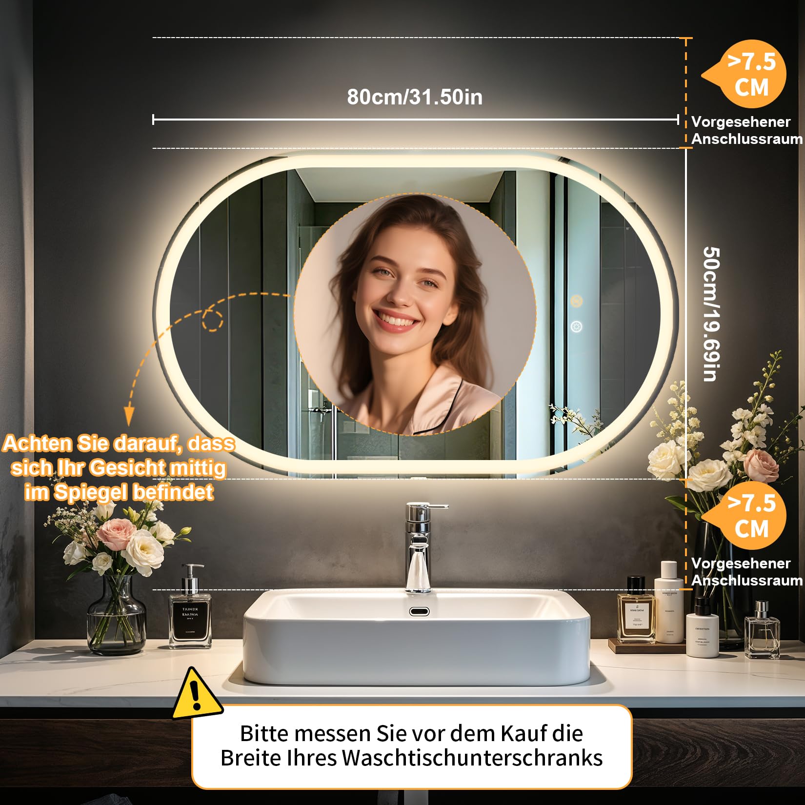 Ovaler Badezimmerspiegel mit LED-Beleuchtung, 80 * 50cm