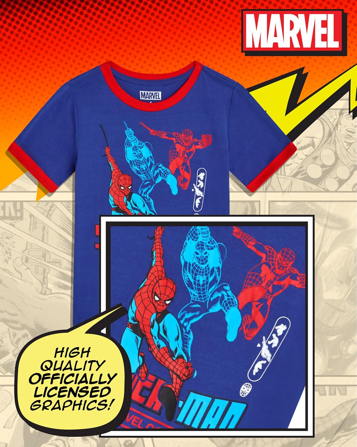 Marvel Spiderman Boys Pants Set - 5 Piece Short Sleeve Tees, Graphic Shorts, and Boys Joggers for Toddlers & Little Kids