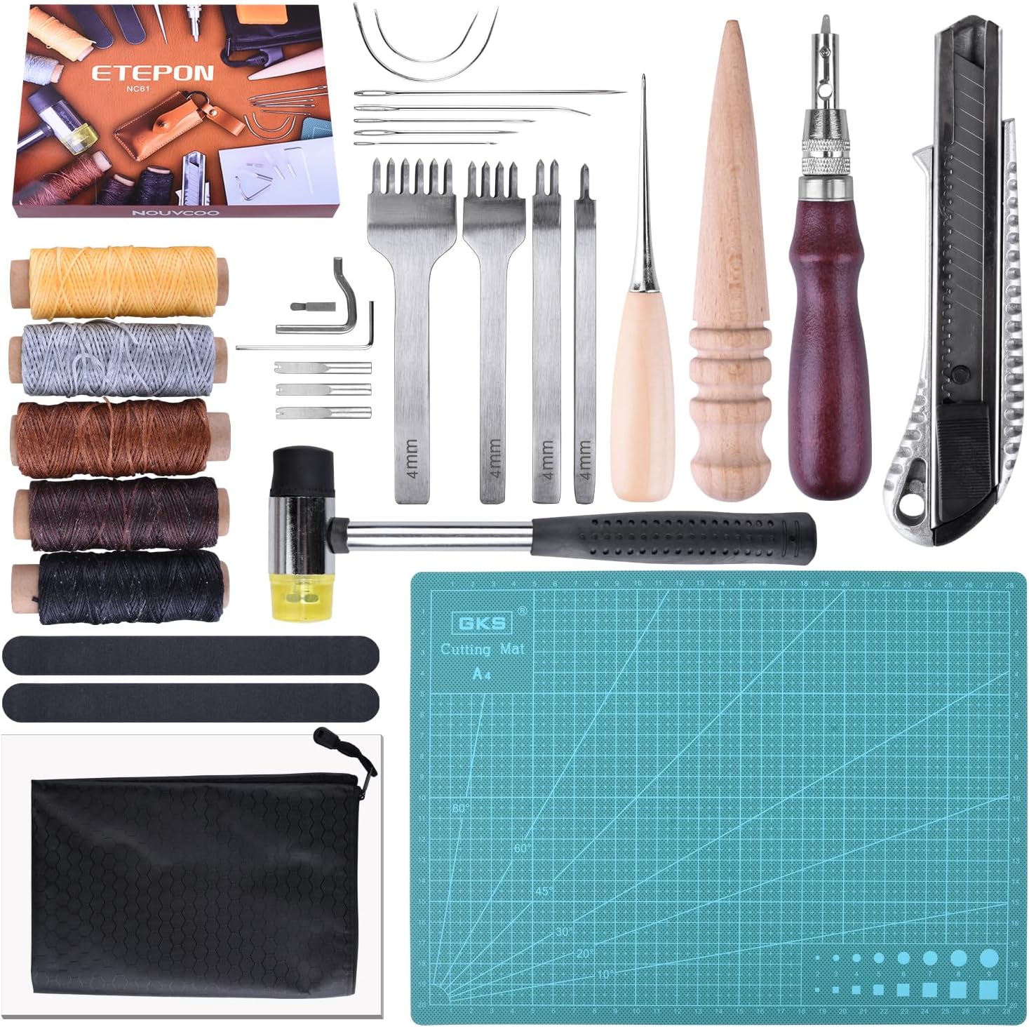 Leather Sewing Tools, Leather Tools and Supplies, Leather Working Kits Supplies with Leather Tool Box Prong Punch Edge Beveler Wax Threads Needles Perfect for Stitching Punching Cutting Sewing