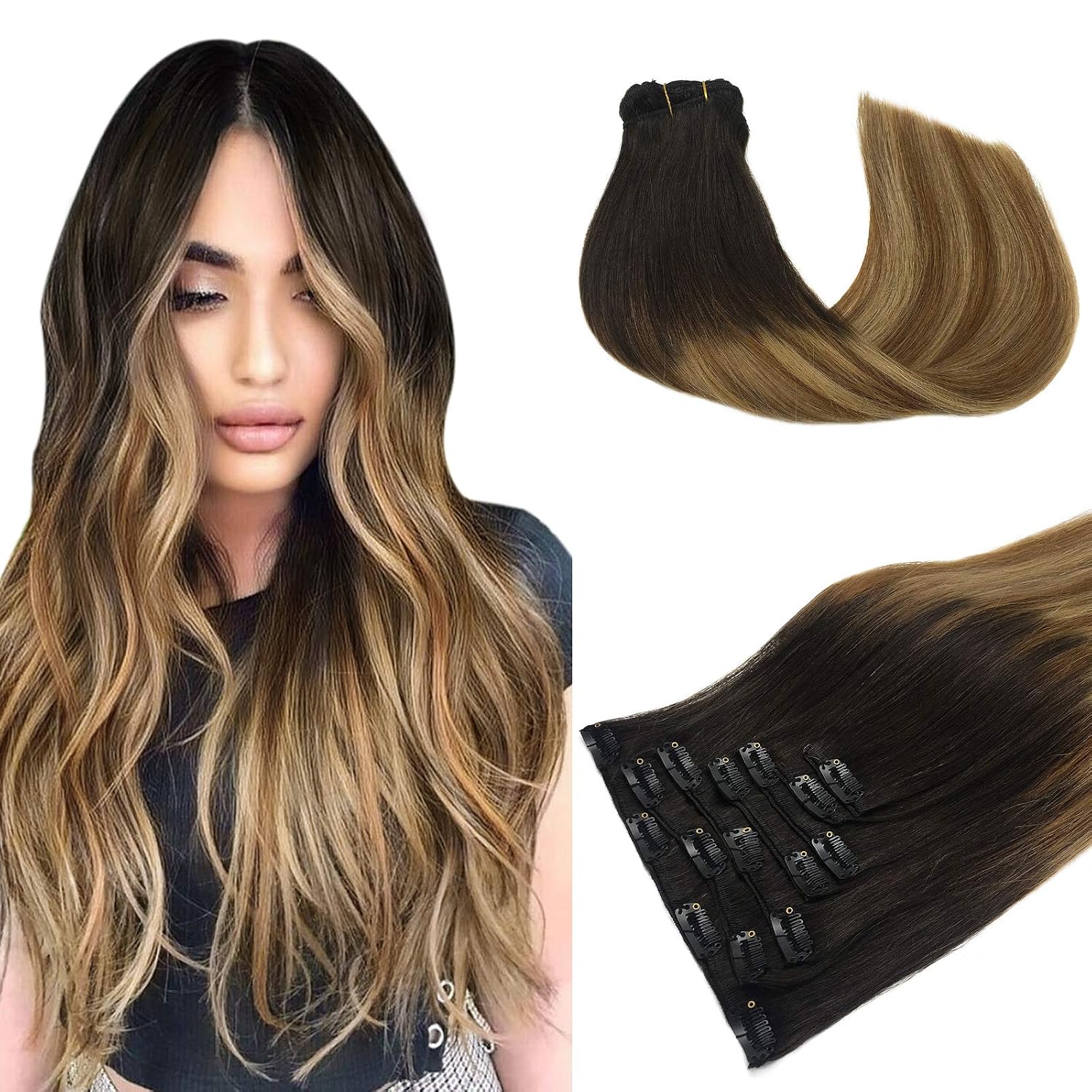LAB·EH Clip in Hair Extensions Real Human Hair Balayage Dark Brown to Chestnut Brown and Dirty Blonde Clip in Extensions 7pcs 120g 24 Inch