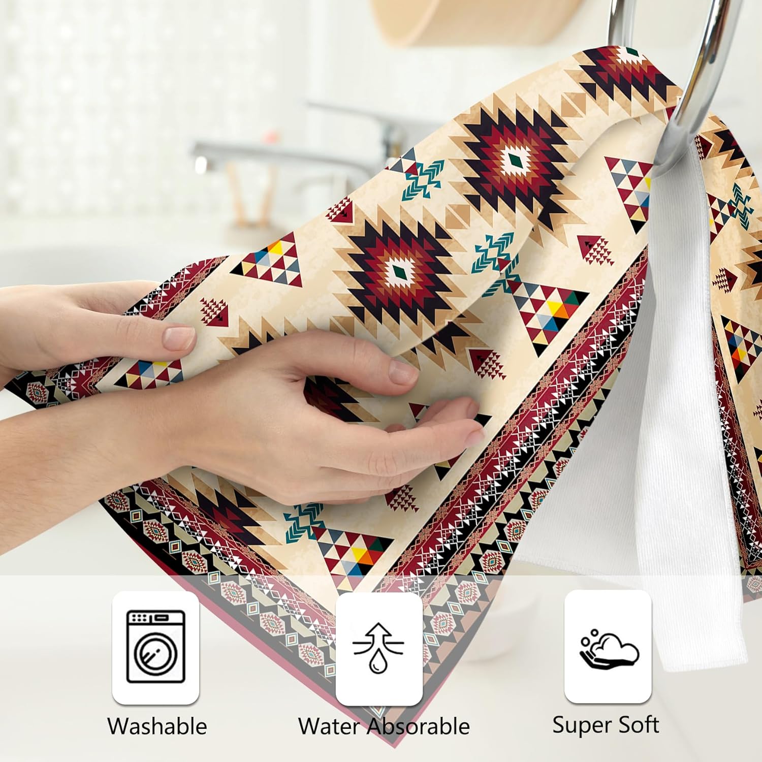 Western Aztec Boho Hand Towels for Bathroom Set of 2 Absorbent Southwestern Native American Decorative Bath Towels Spa Yoga Gym Home Farmhouse Aztec Bathroom Decor Housewarming Gifts 14"x28" - Image 4