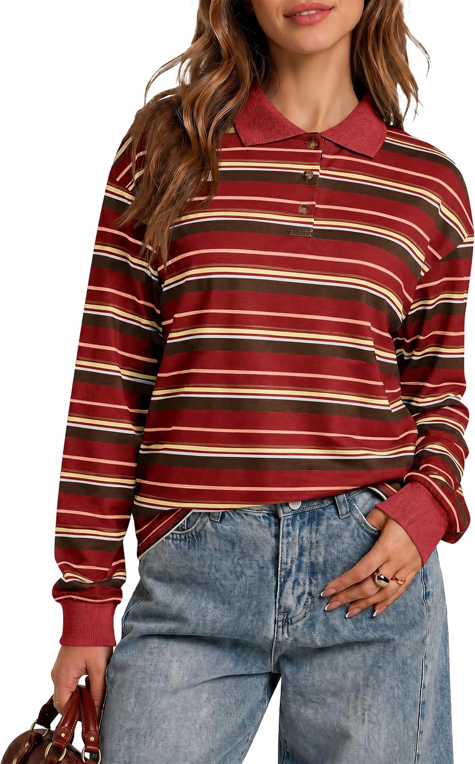 Tankaneo Womens Striped Long Sleeve Polo Shirts Casual Oversized Tops