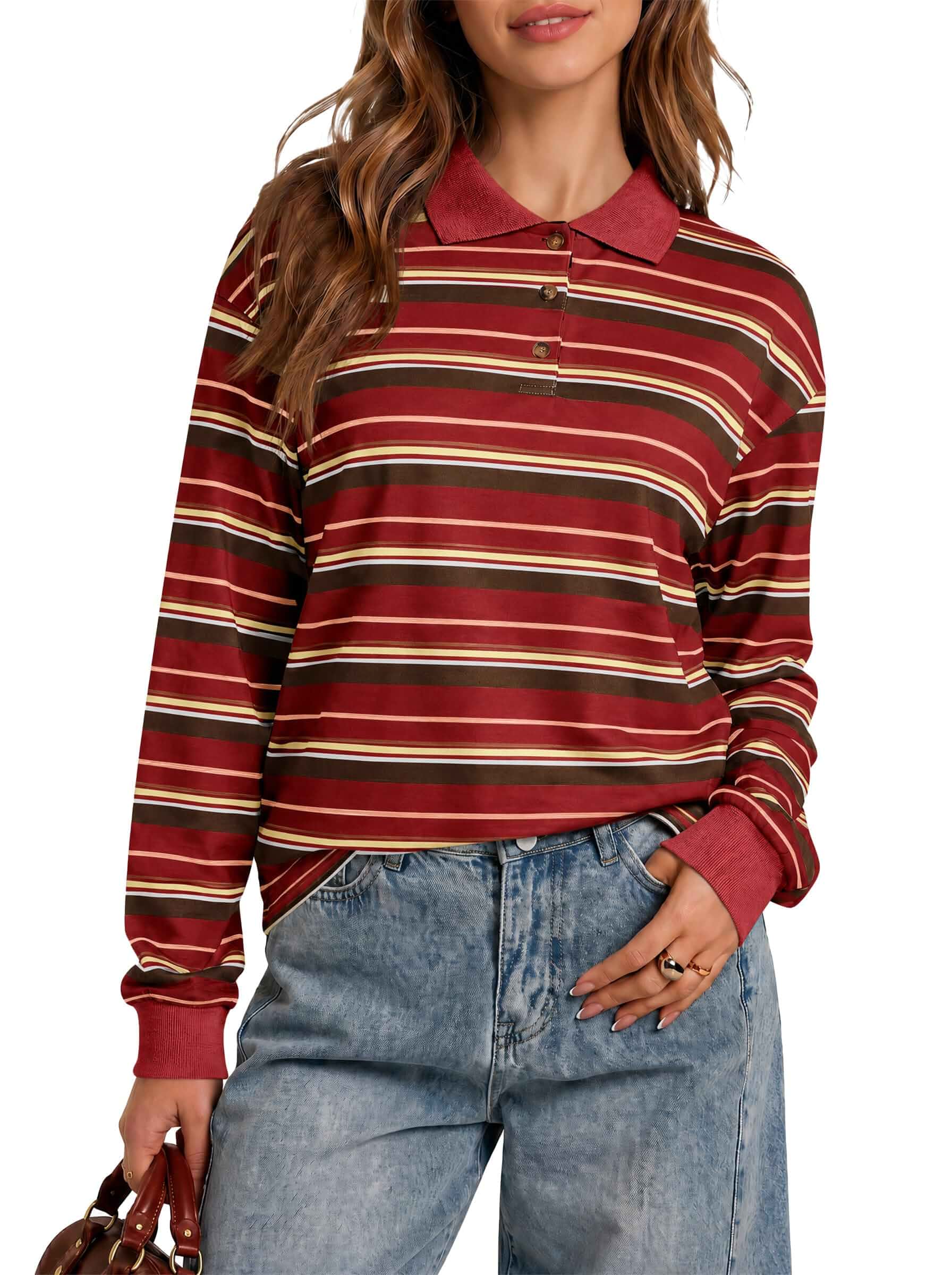 Tankaneo Womens Striped Long Sleeve Polo Shirts Casual Oversized Tops Y2K, Rugby, Streetwear, Loose fit, Color block, Pullovers, T-shirt, Sweatshirts, Collared