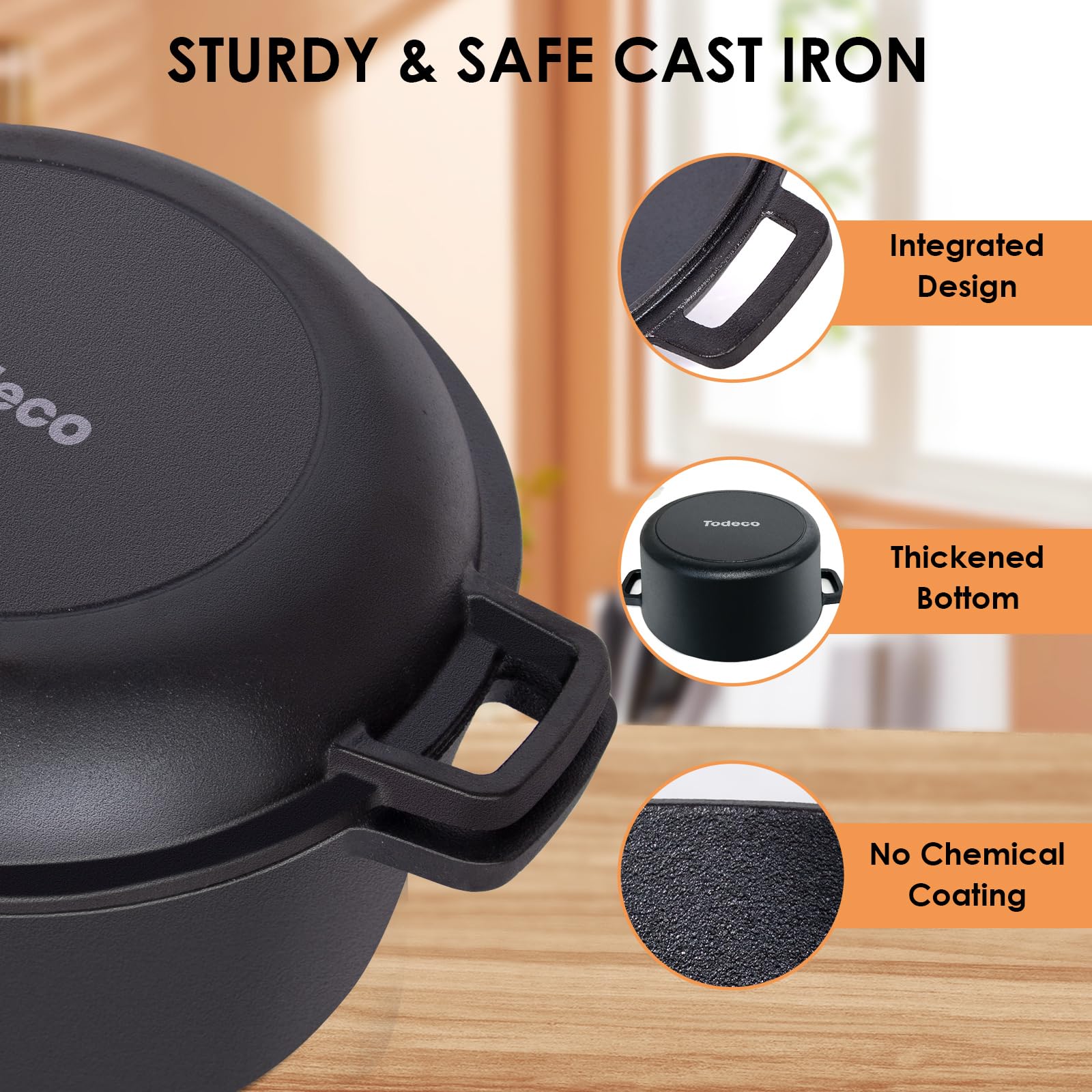 Todeco 2 en 1 Marmite en Fonte avec couvercle de poêle, 5L Dual Function Casserole en fonte avec recette pour cuisine, Pré-assaisonné, pour cuisine, camping, barbecue, rôtir ou braiser