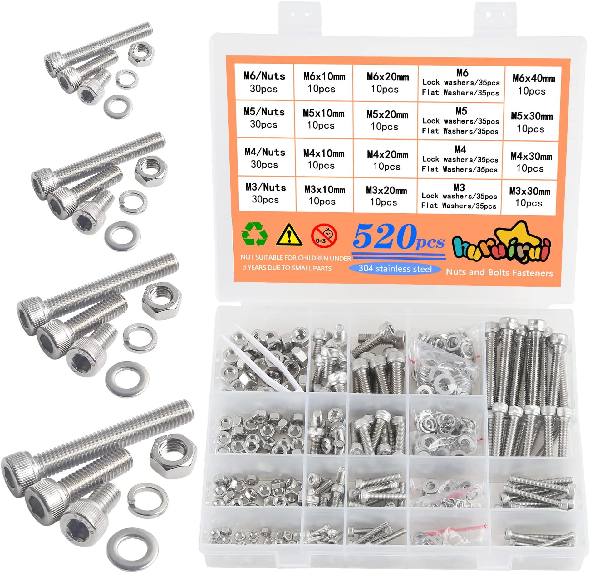 520pcs M3 M4 M5 M6 Nuts and Bolts Set 304 Stainless Hex Socket Head Cap Bolts Machine Screws Nuts and Washers Assortment Set Kit for Fepairing Bicycle Furniture Machine Fasteners