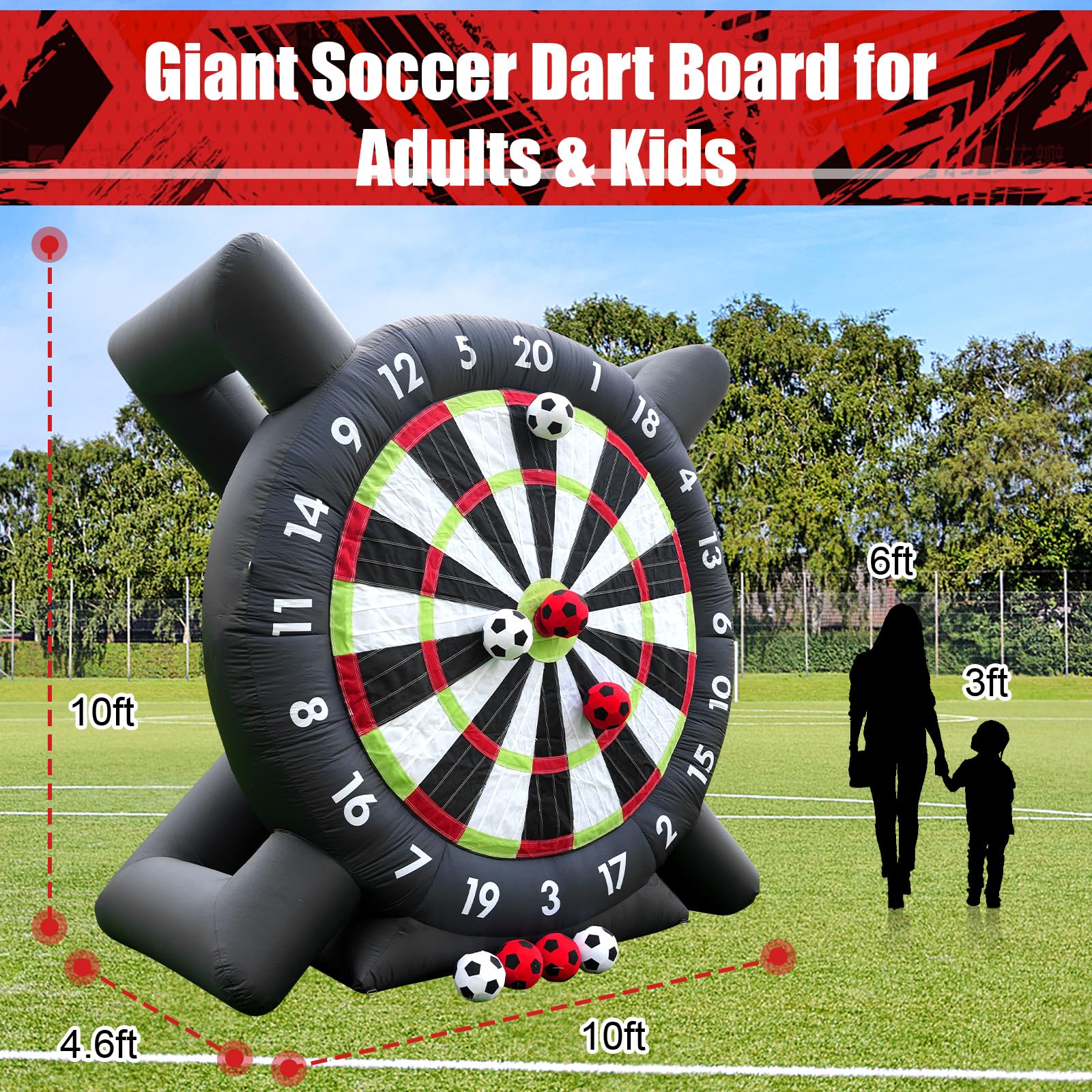 10FT Inflatable Soccer Dart Board for Adults Family, Giant Inflatable Games Inflatable Soccer Field Outdoor Games with 8pcs Soccers Balls, Blower, Lawn Kick Darts for Backyard, Commercial Quality