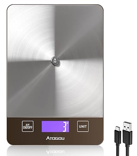ATOGOU Báscula de alimentos de 33 libras, báscula de cocina recargable con pantalla LCD retroiluminada de visión completa, superficie de acero