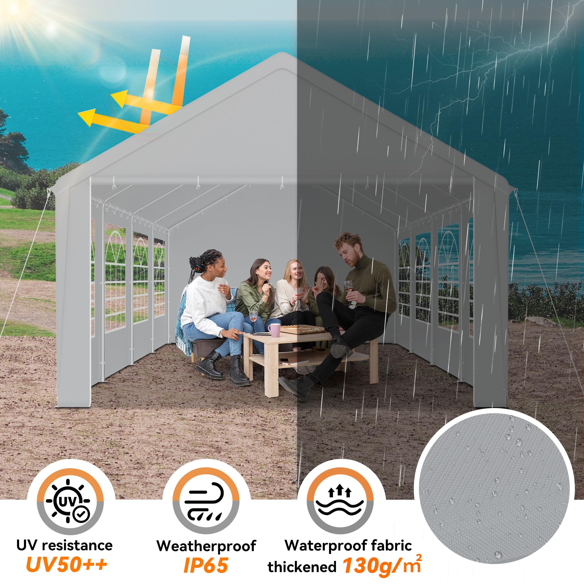 NAIZY Partyzelt 4x8 m Pavillon mit Wasserdicht Dach & Abnehmbaren Seitenwänden Gartenpavillon Stabil Winterfest Gartenzelt aus PE-Gewebe & Metall Rohr Familienzelt, Grau