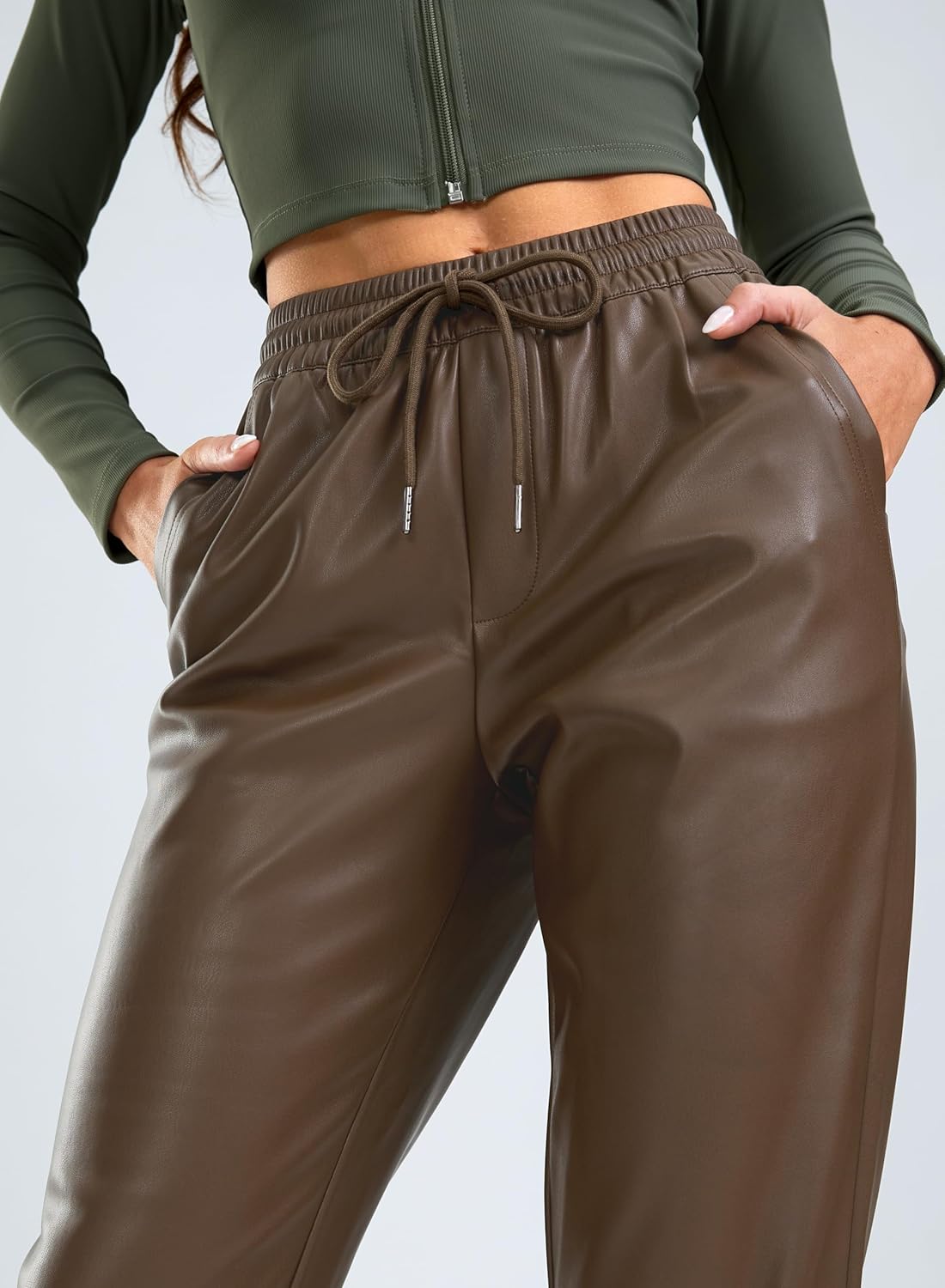 SANTINY Women's Faux Leather Pants High Waisted Straight Leg Cropped Ankle Trousers Vegan Matte Pleather Pants for Women - Image 4