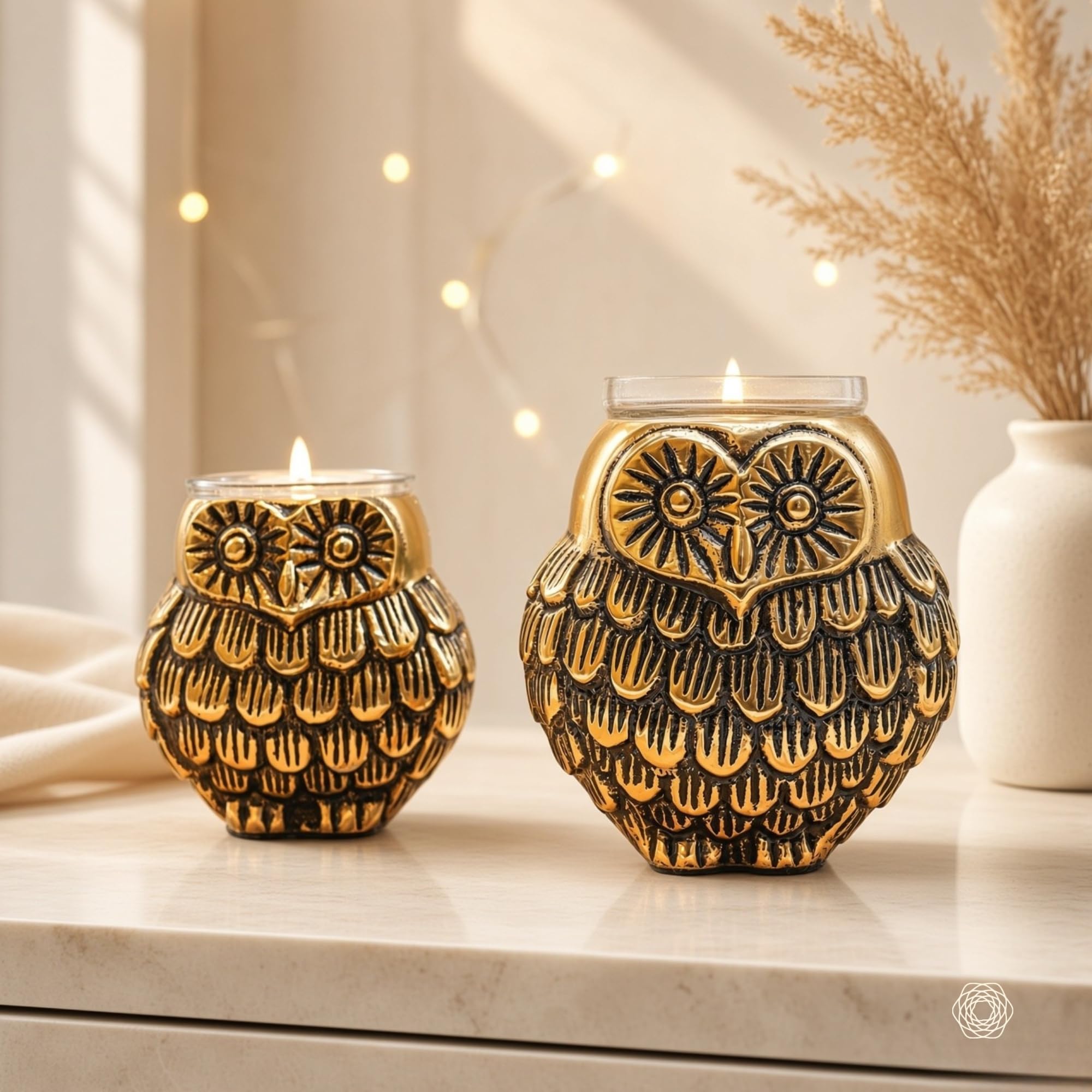 BEHOMA Metal Owls Votive Holder Mother and Child Set | Statue for Home Decor Tabletop Living Room,Candle Holder Gift Showpiece for Mothers Day, Birthday, Votives (Candle Included)