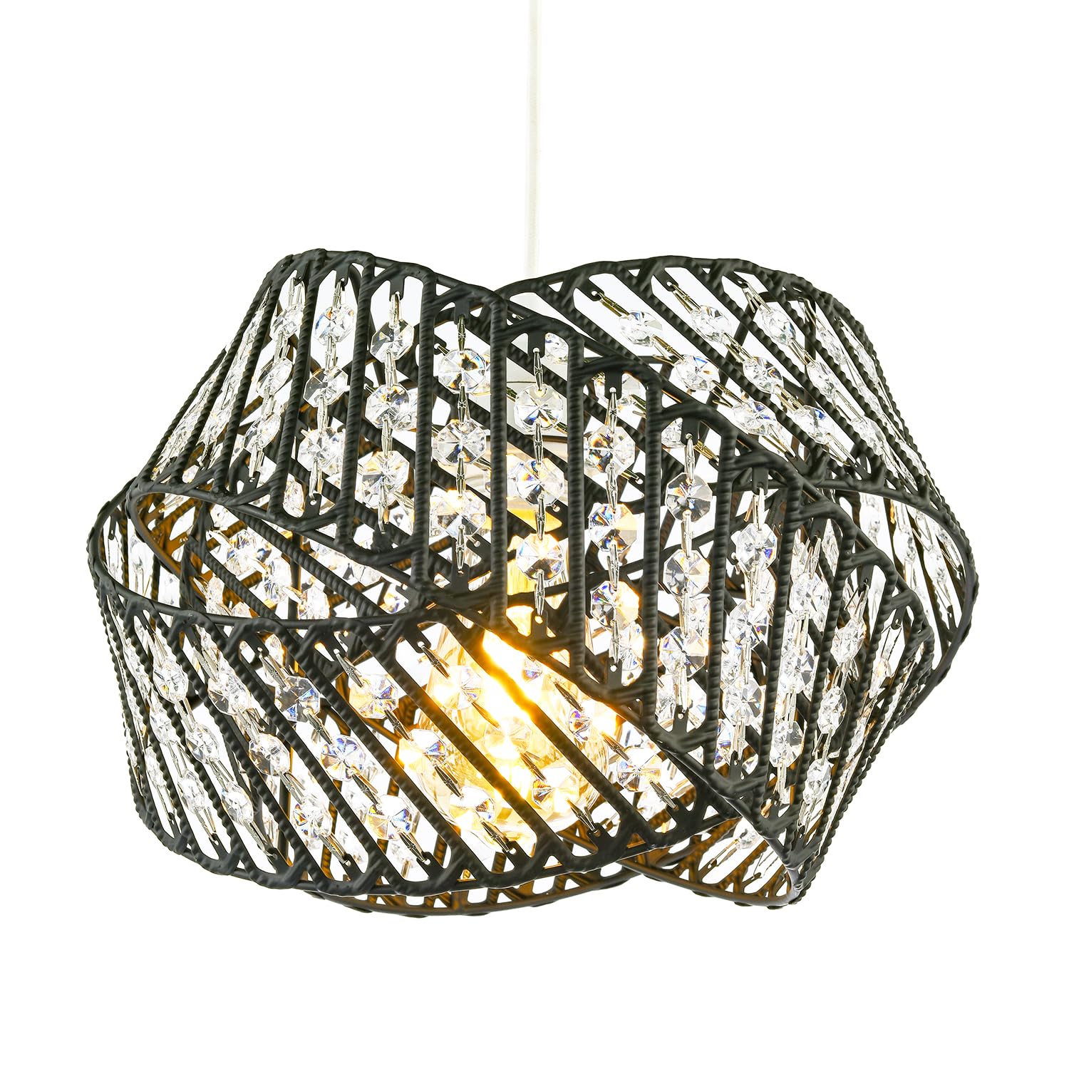 Happy Homewares Black Designer Triple Ring Pendant Lamp Shade With Clear Acrylic Beads