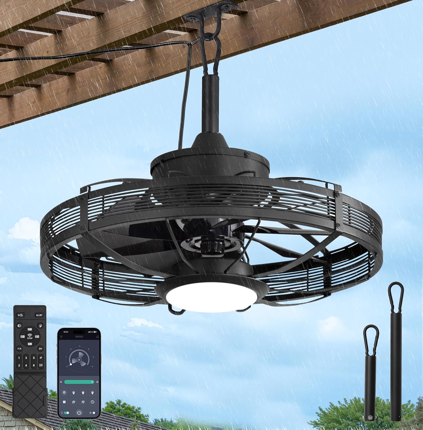 LEDIARY 20" Outdoor Ceiling Fan with Lights, IP65 Waterproof Gazebo Fan, Plug-in Outdoor Hanging Fan Remote&APP Control, 6 Speeds, 3CCT Dimmable, Caged Ceiling Fan for Gazebo, Patios, Porch,Pergola
