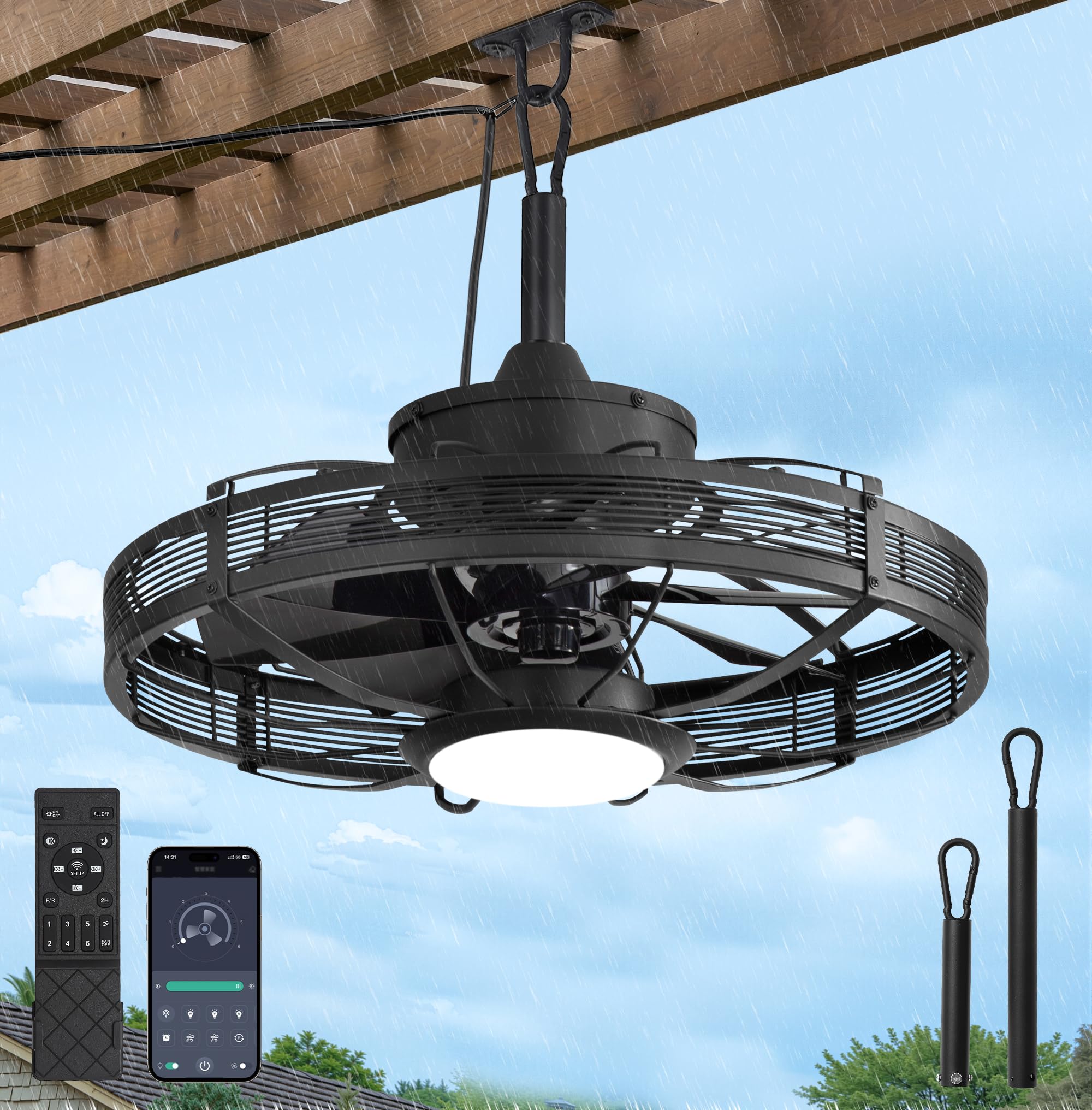 Photo 1 of MISSING HARDWARE ------------------LEDIARY 20" Outdoor Ceiling Fan with Lights, IP65 Waterproof Gazebo Fan, Plug-in Outdoor Hanging Fan Remote&APP Control, 6 Speeds, 3CCT Dimmable, Caged Ceiling Fan for Gazebo, Patios, Porch,Pergola