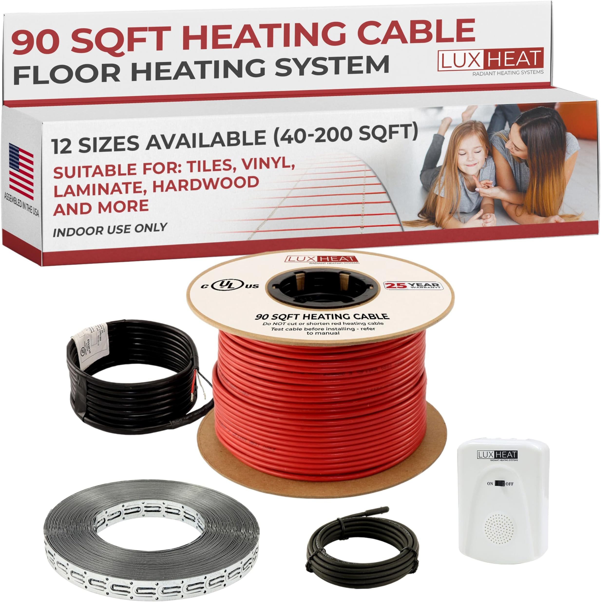 LuxHeat 90sqft Floor Heating Cable Kit - 240v Under Floor Heater Kit for Tile, Vinyl, Laminate - Electric Radiant Heated Flooring System - Includes Underfloor Heating Cable, Strapping, Sensor & Alarm