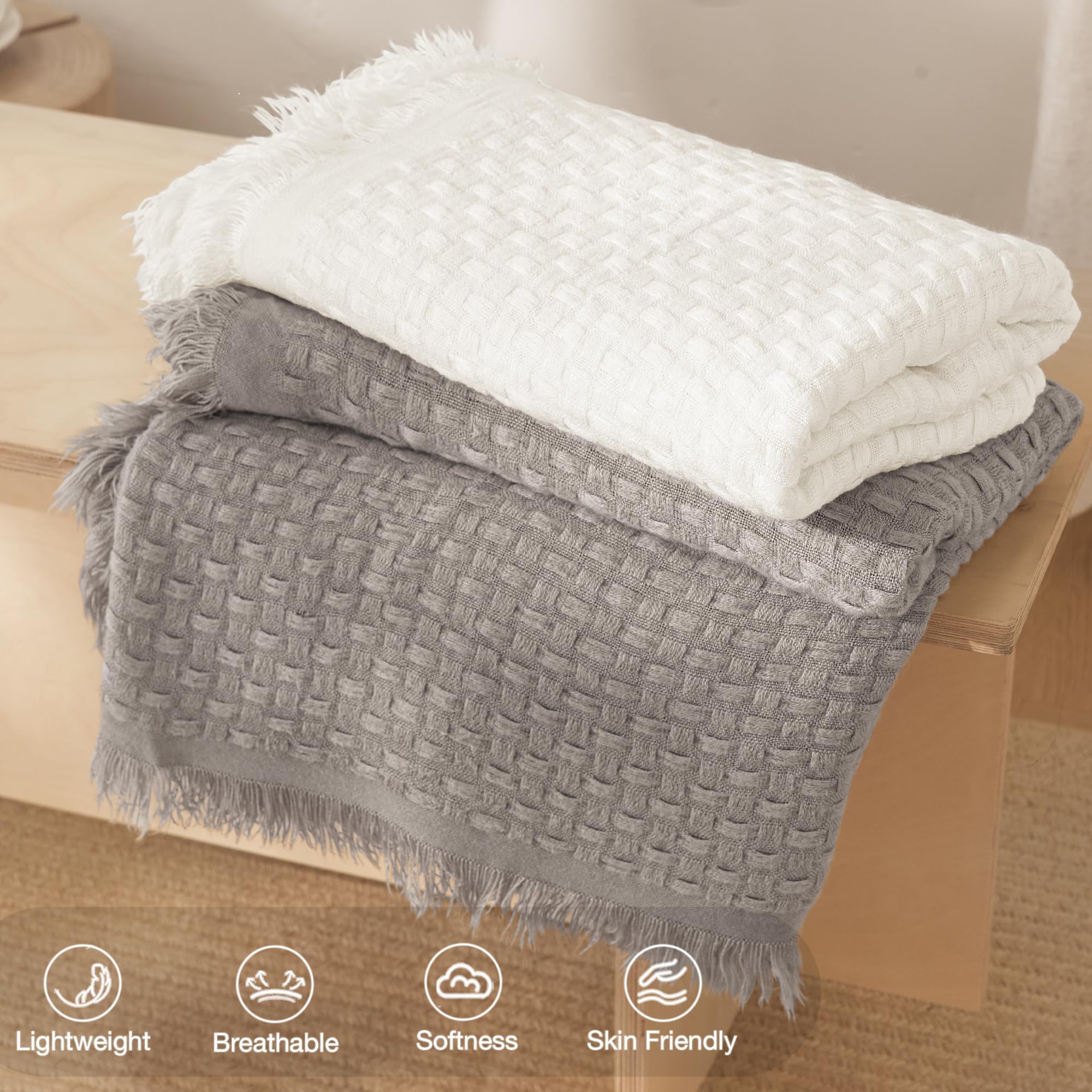 Exclusivo Mezcla Kuscheldecke Strickdecke mit Fransen, Weiche und Leichte Tagesdecke Bettüberwurf mit strukturierter Optik für Sommer, 130x150 cm, Elfenbein